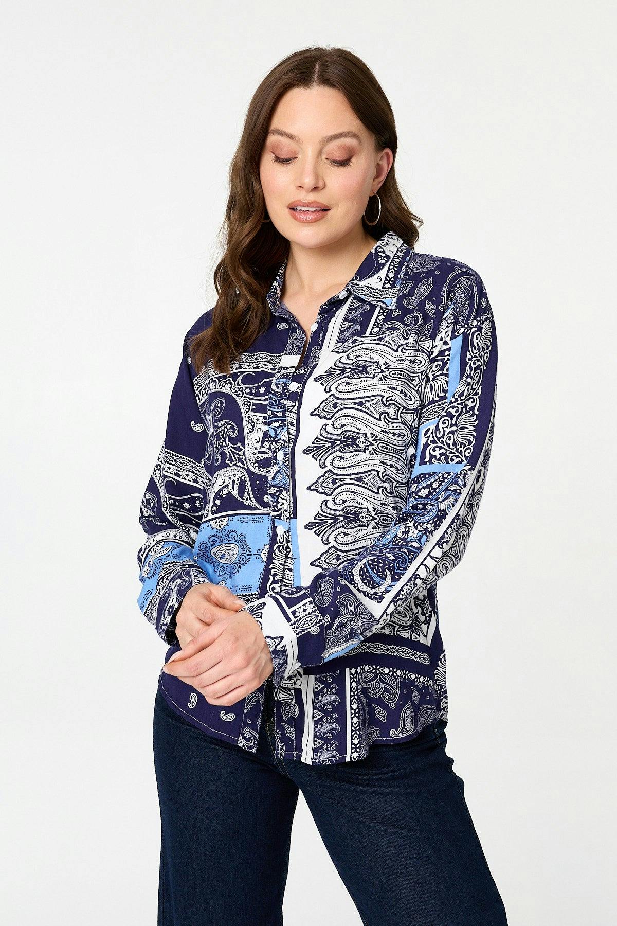 Izabel London Patchwork Long Sleeve Shirt - 14 - Navy