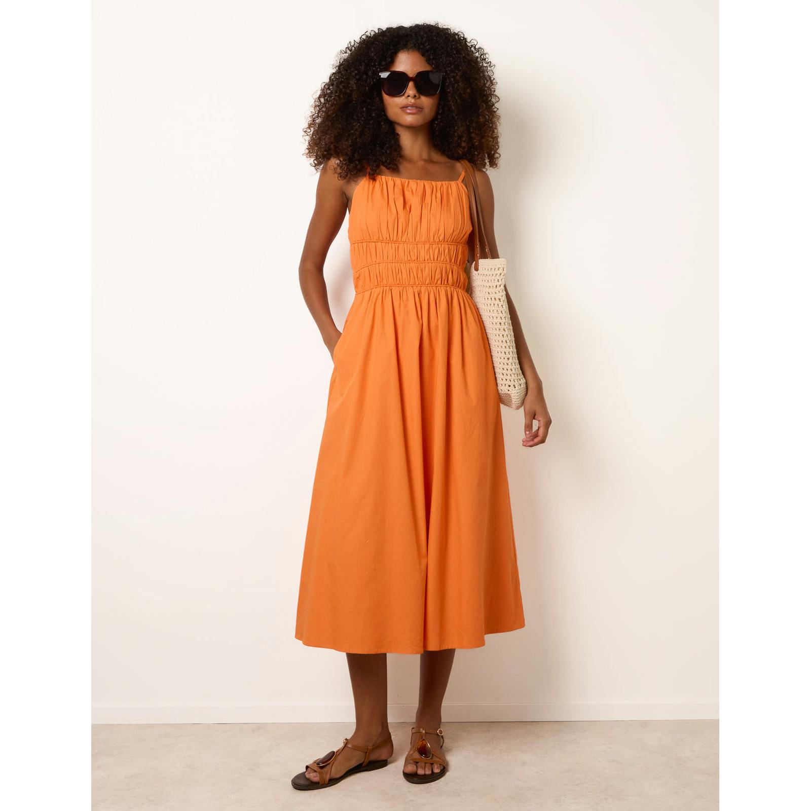 Blue Vanilla Blue/Orange Vanilla Ruched Binding Strappy Midi Dress - S