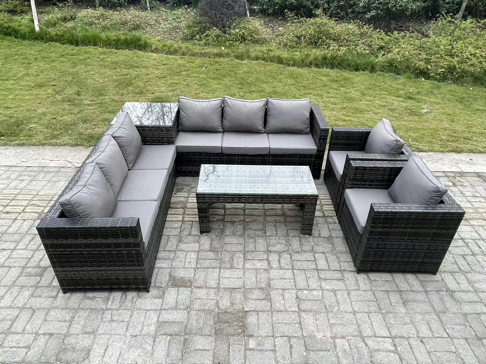 Rackhams Dark/Grey 8 Seater Rattan Corner Sofa Set With Square Side Table And Oblong Rectangular Coffee Tea Table 2 Pc Arm Chair Mixed