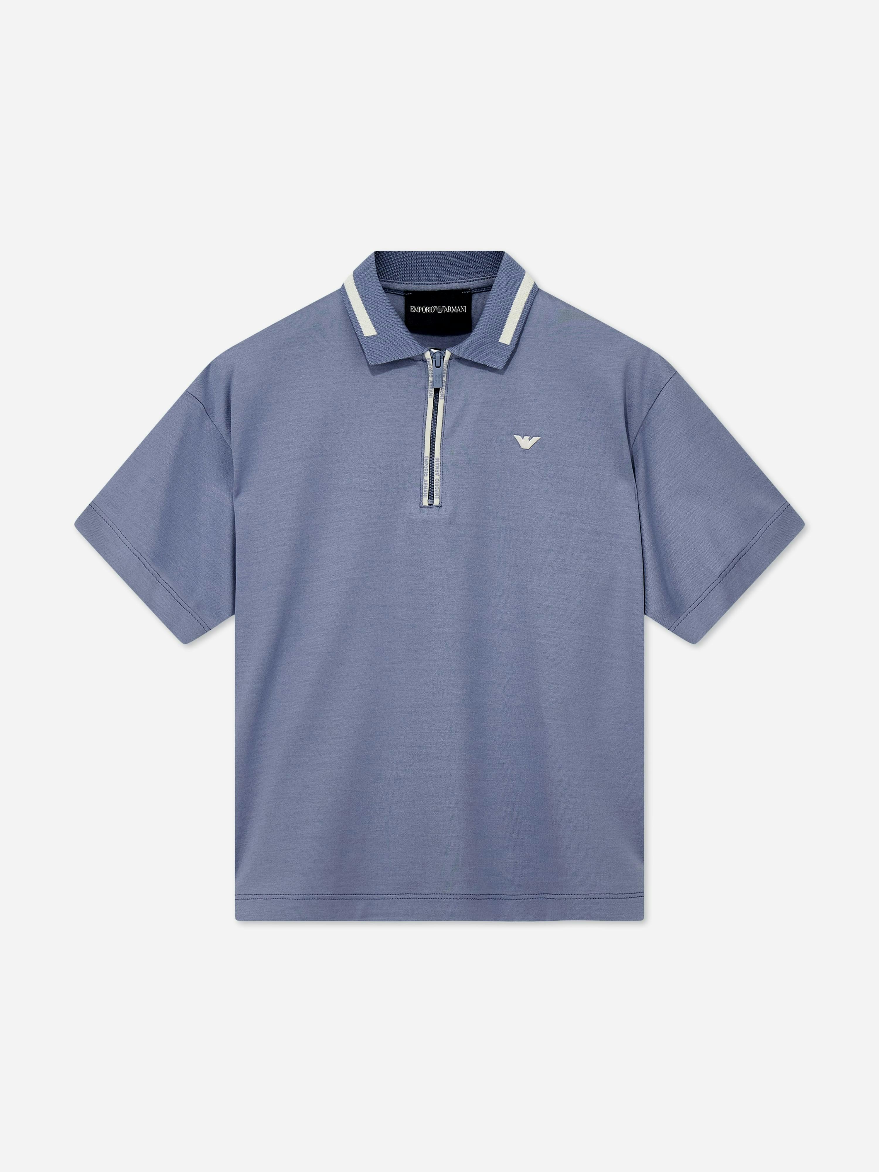 Emporio Armani Light Blue Polo Shirt In Jersey With A Zip Closure And Striped Collar - Image 4