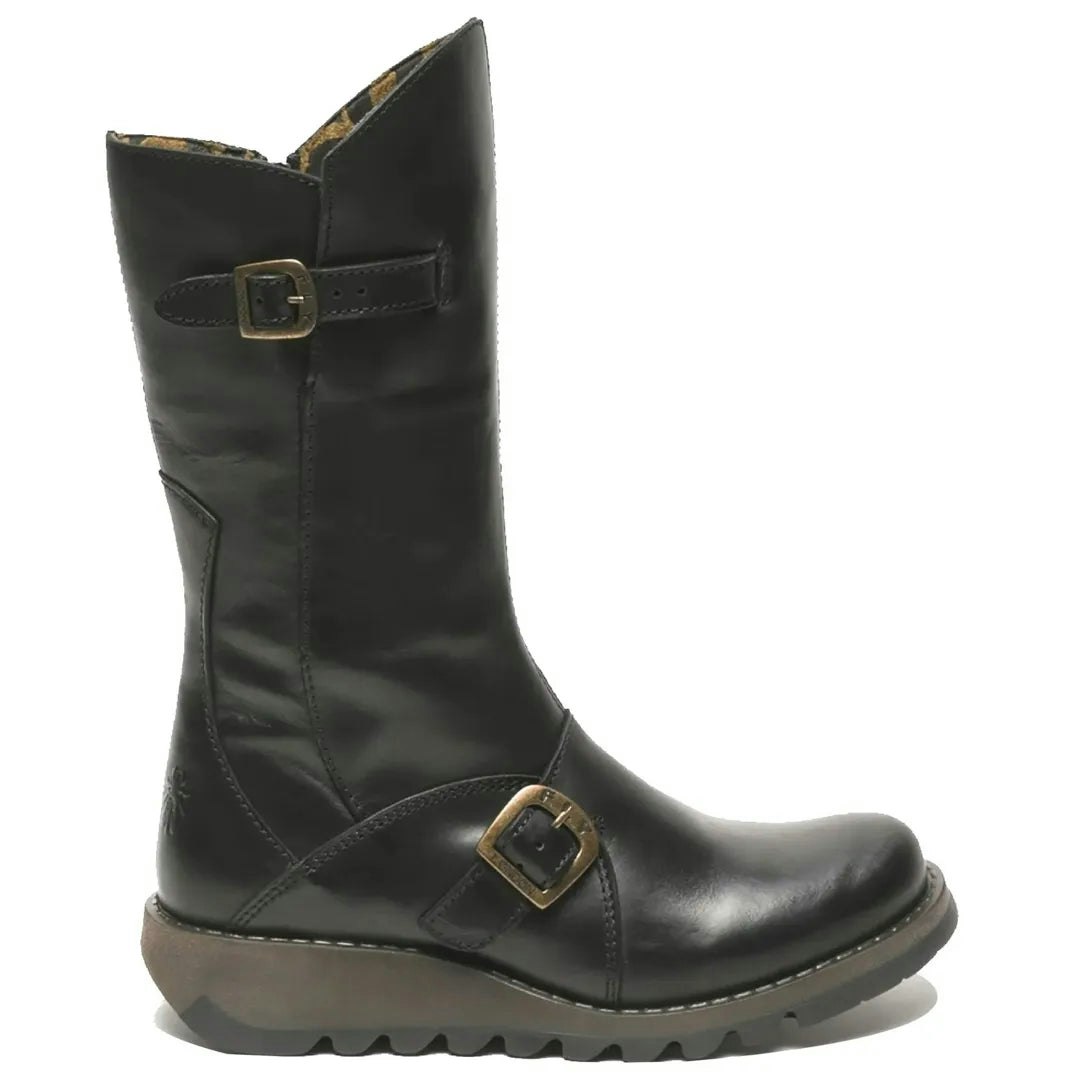Fly London Women's Black Mes2913 - Wedge Heel Buckle Mid Calf Leather Boots - Uk 7