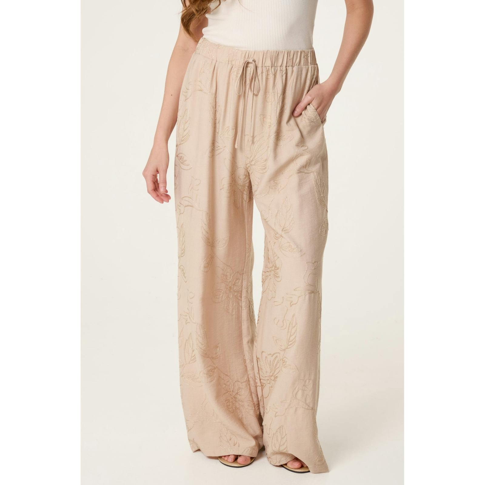 Blue Vanilla Embroidered Pattern Wide-Leg Trousers - L - Stone