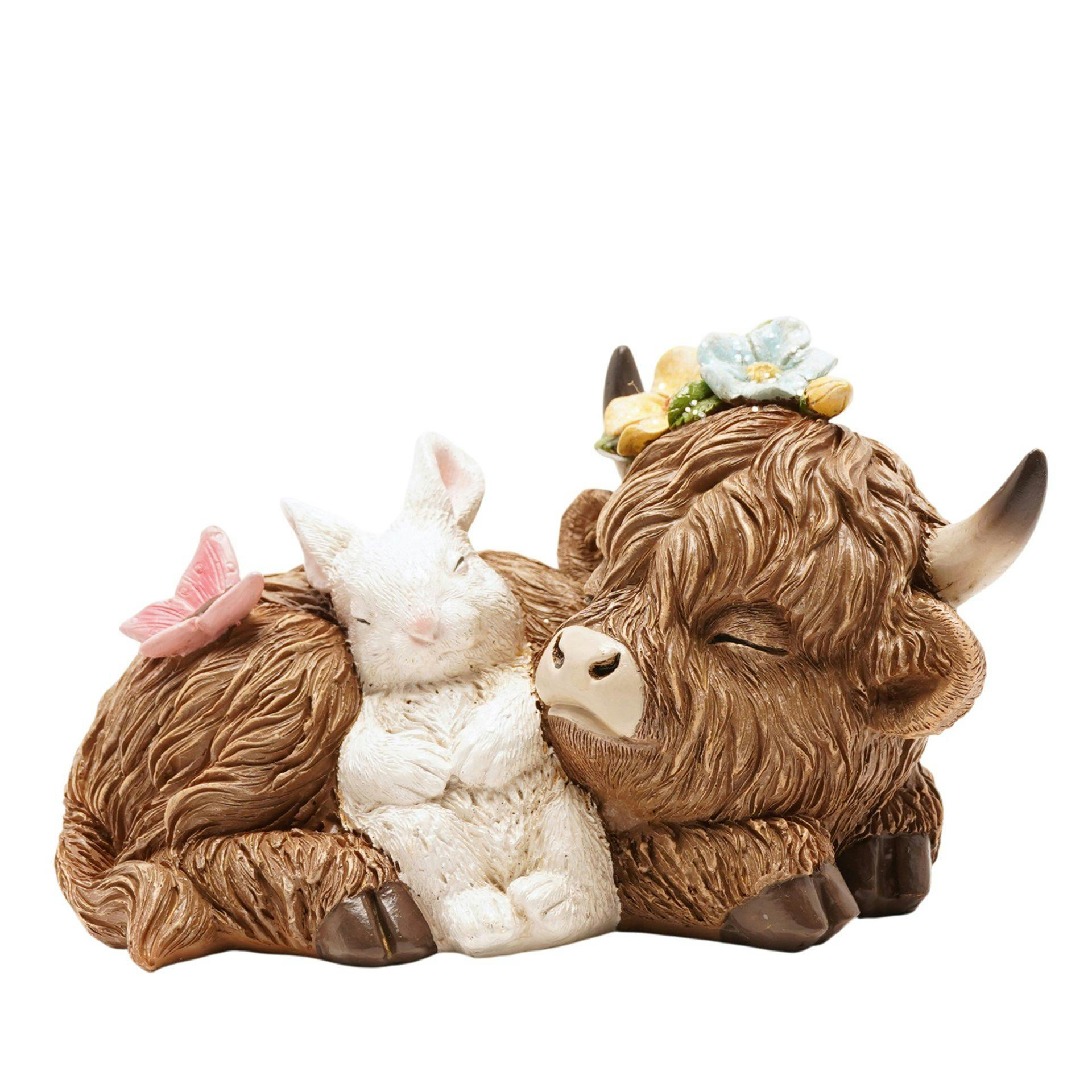 Rackhams White/Brown/Pink Sleeping Highland Cow With Spring Bunny