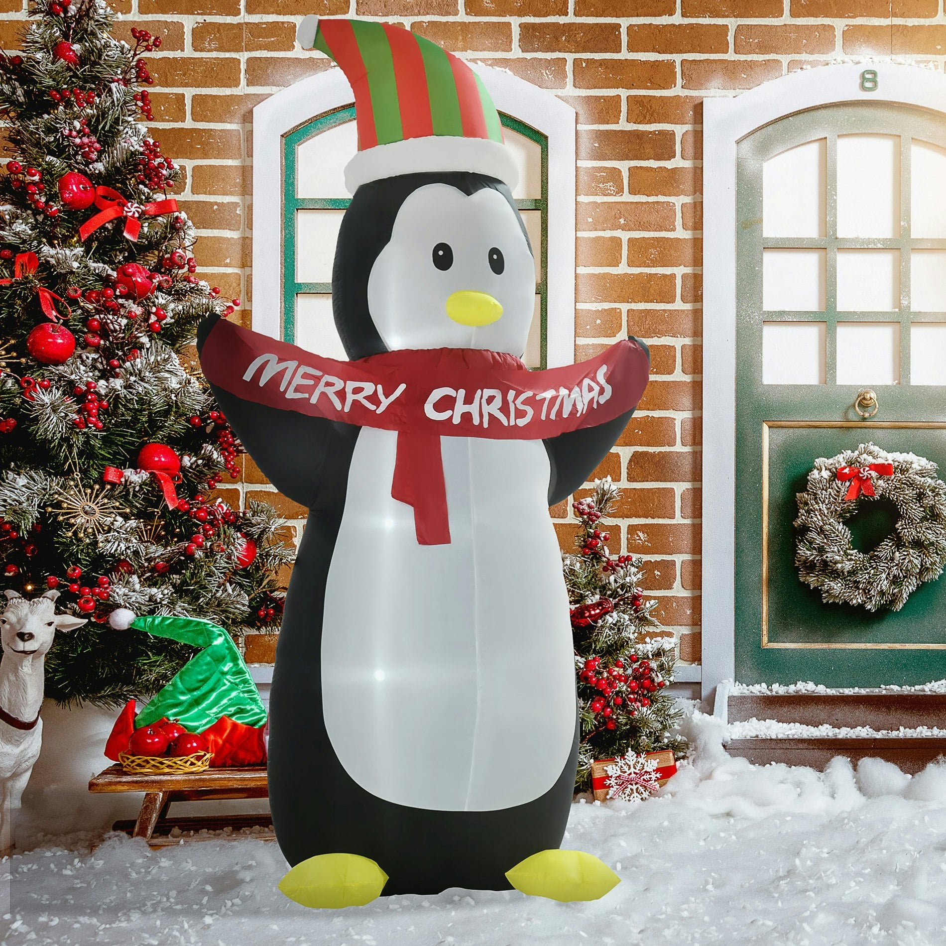 Homcom 8Ft Inflatable Penguin & Christmas Banner Decoration Inner Led Lights