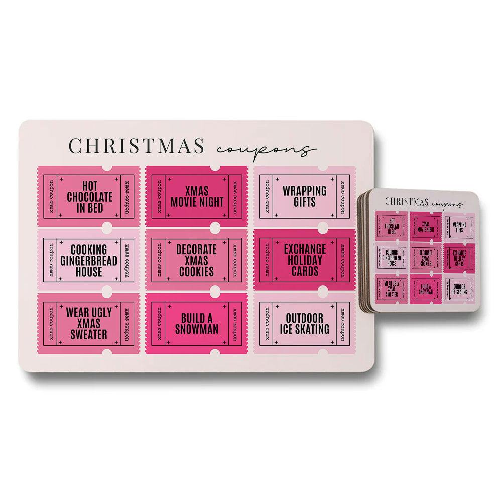 Rackhams Pink Christmas Coupons Placemats And Coaster Set With Design