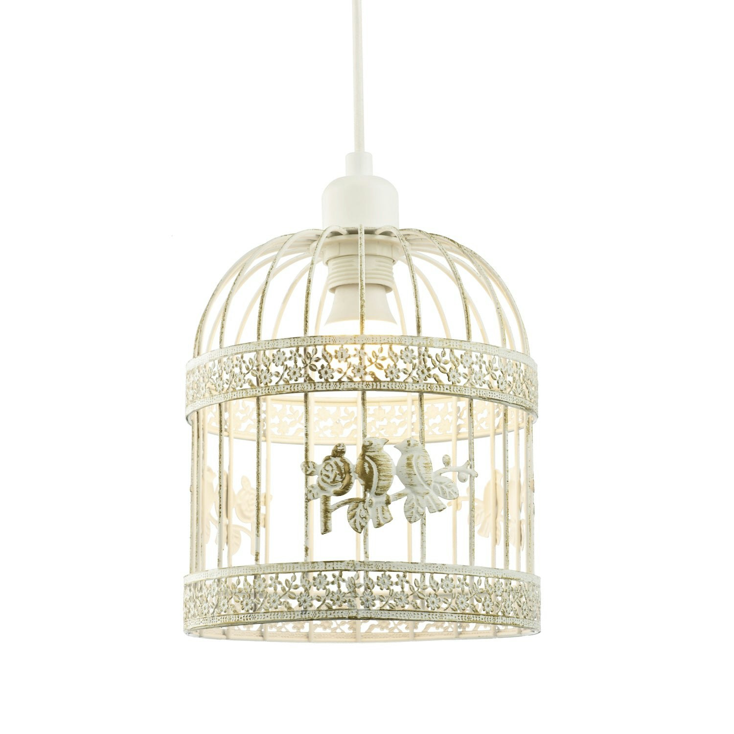 Happy Homewares Cream/Gold Shabby Chic Brushed And Birdcage Shade With 3D Flowers And Birds