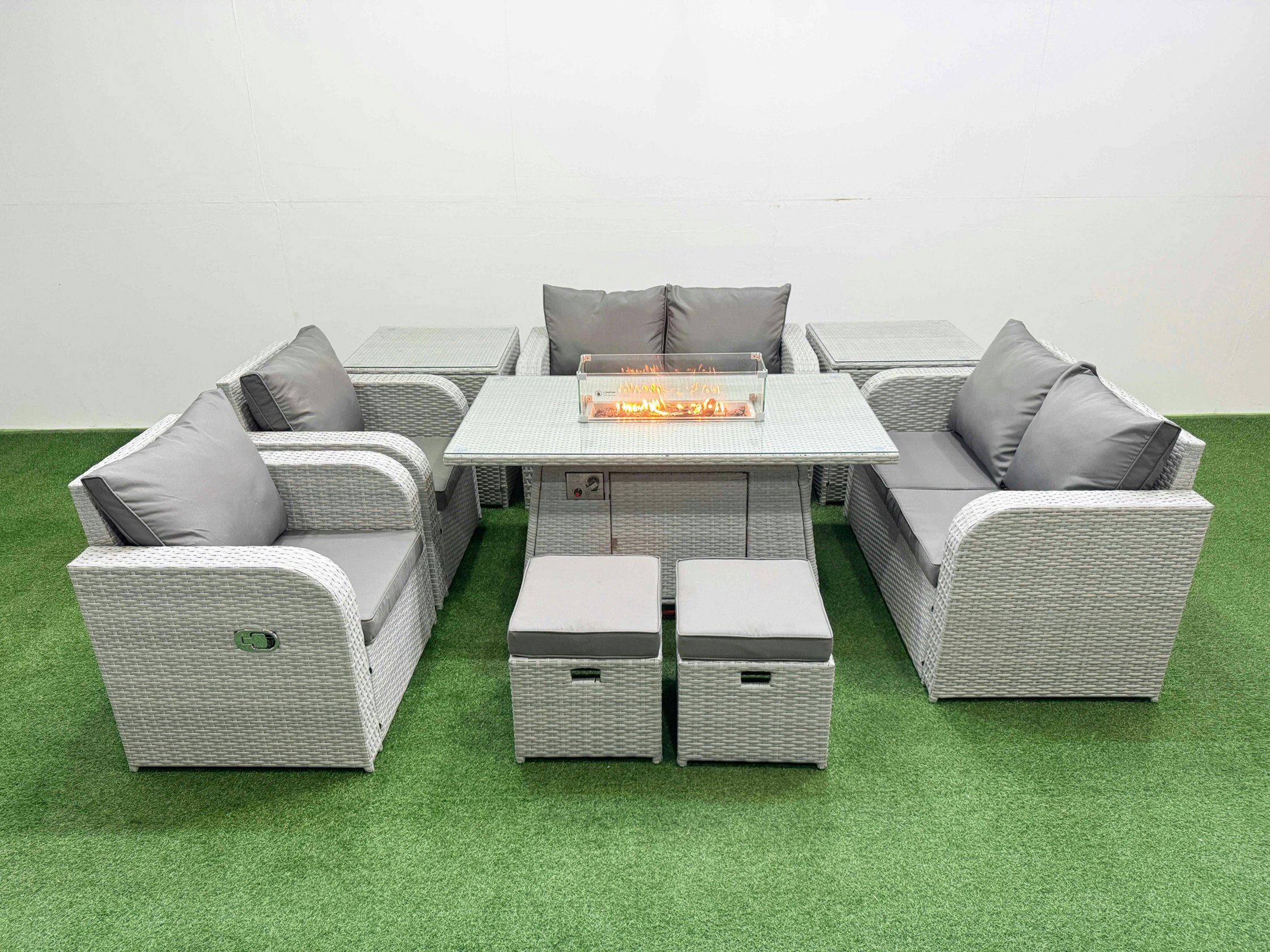 Fimous Light/Grey 8 Seater Outdoor Reclining Chair Love Sofa Set Rattan Garden Furniture Set With Fire Pit Dining Table 2 Stools 2 Side Table