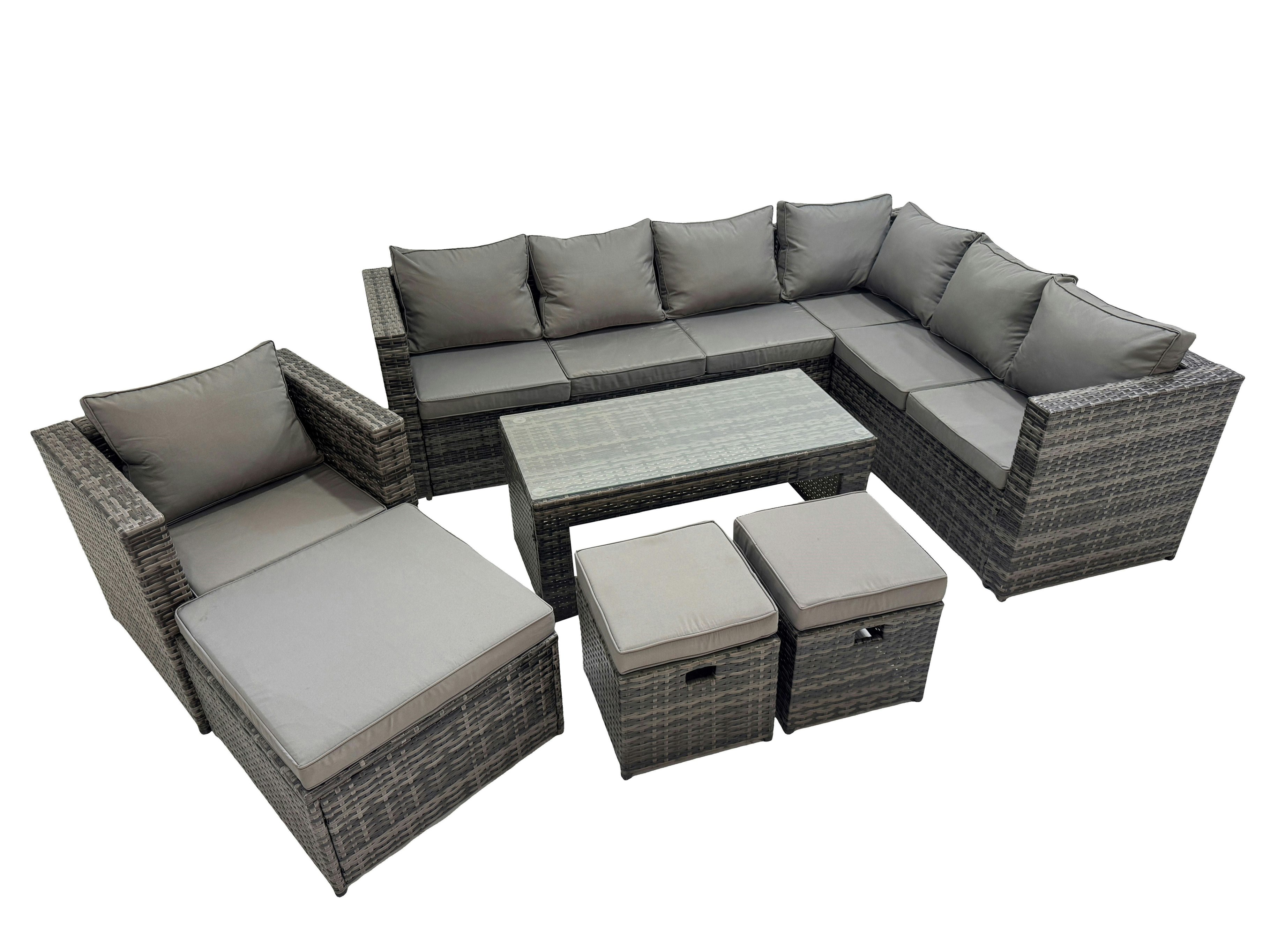 Fimous Dark/Grey Outdoor Rattan Oblong Coffee Table Corner Sofa Sets Garden Furniture Set With Chair 3 Stool Mixed