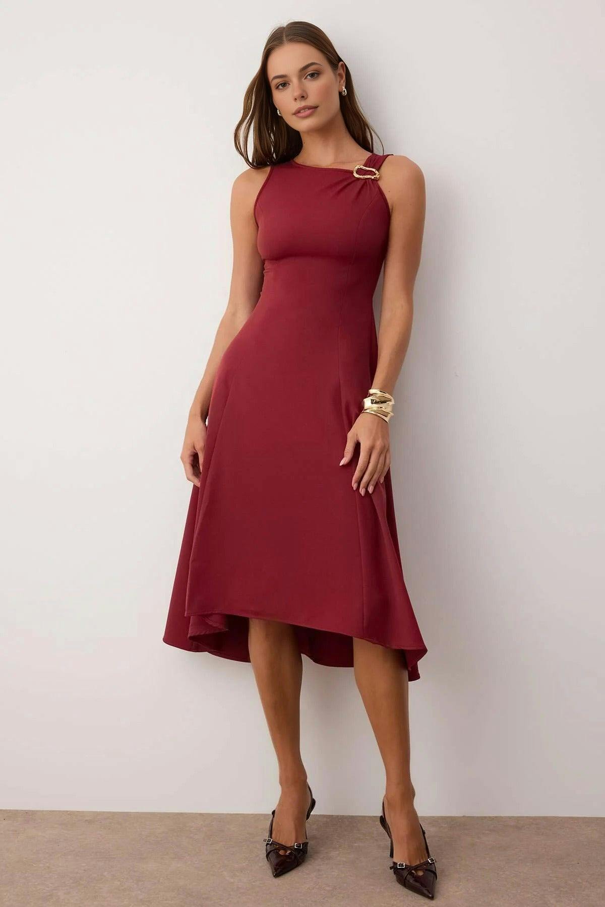 Wovcor Burgundy Accessory Detailed Midi Woven Dress - 10