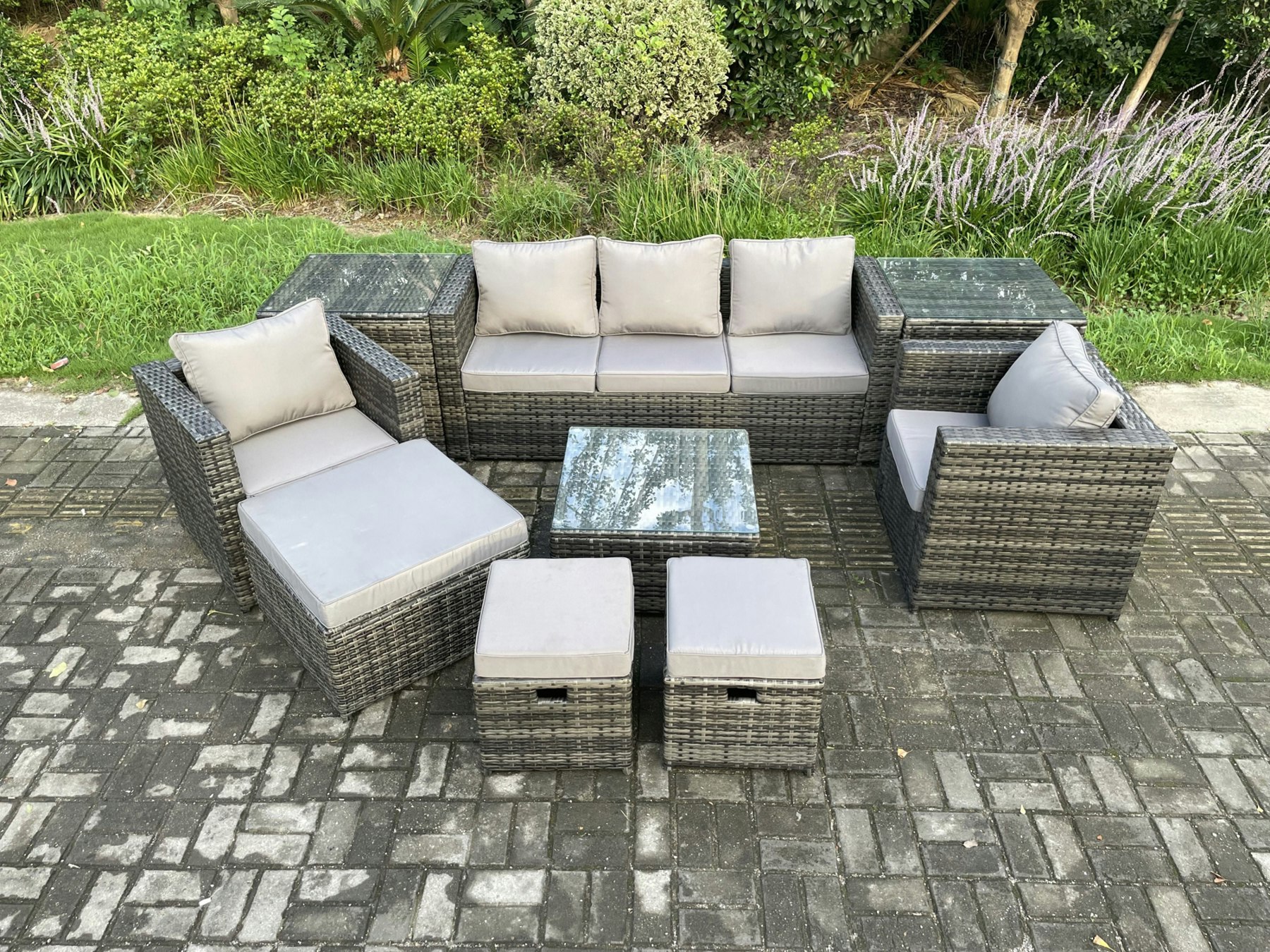 Rackhams Dark/Grey 8 Seater Mixed Rattan Outdoor Sofa Set - 2 Side Tables, Armchair, Square Coffee Table & 3 Footstools