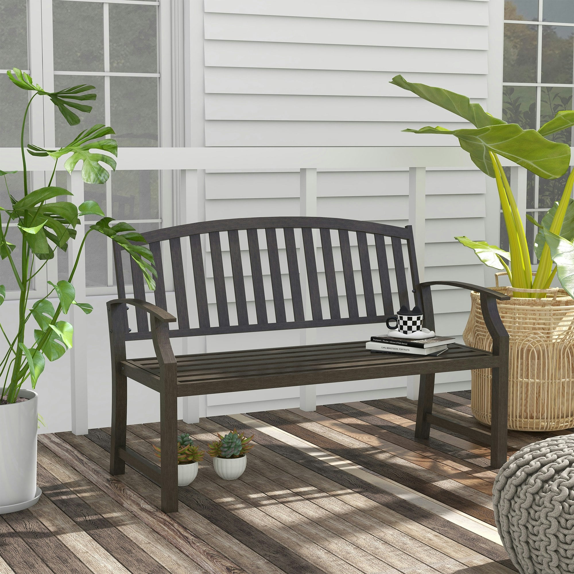 Rackhams Brown Garden Bench With Slatted Seat And Backrest, Curved Armrest, - Steel - 127Cm X 60Cm X 84Cm