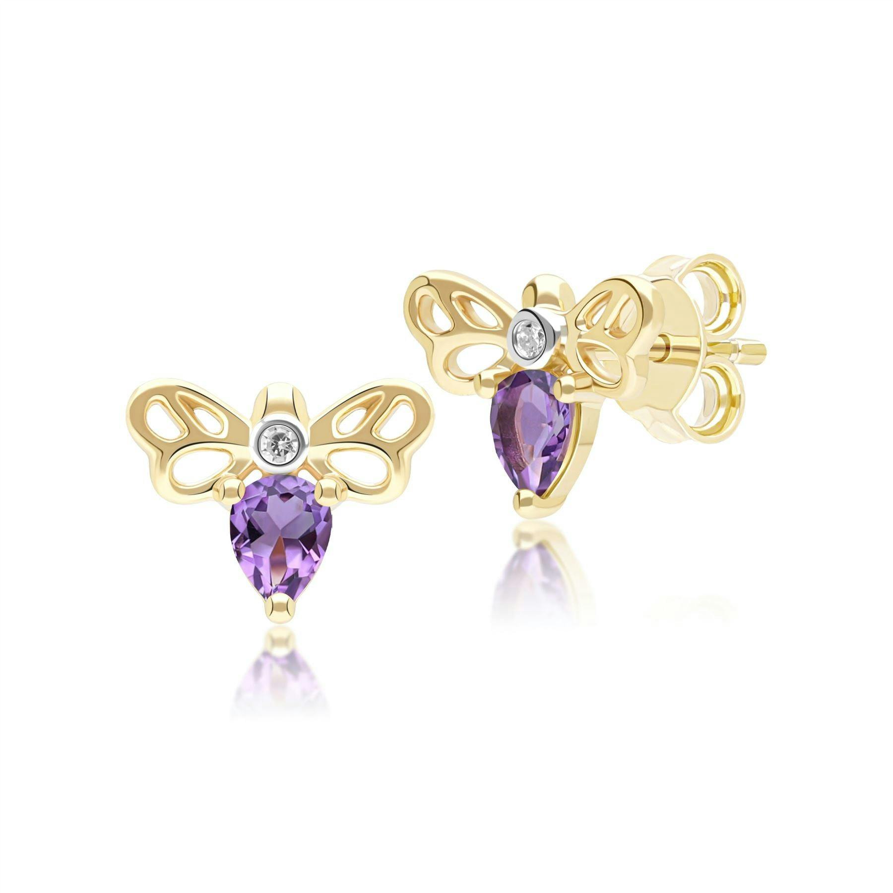 Gemondo Yellow/Gold Honeycomb Art Nouveau Pear Shape Amethyst And Diamond Bee Stud Earrings In 9Ct