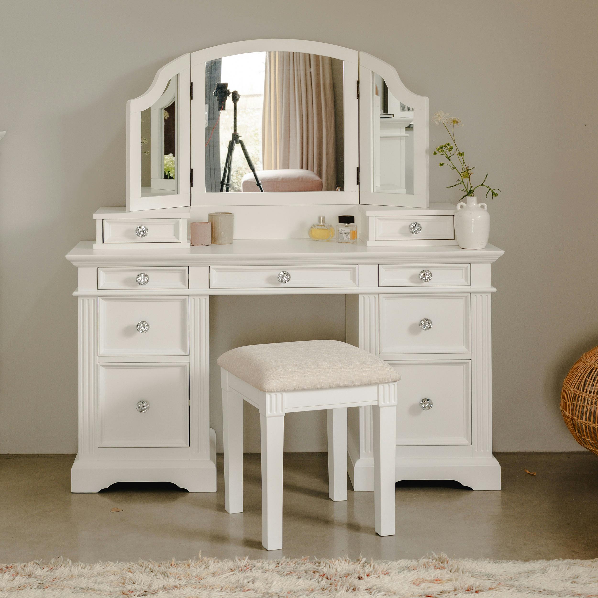 Statement Furniture White Gainsborough Pedestal Dressing Table Set With Crystal Handles. Large Dressing Table Set - Large