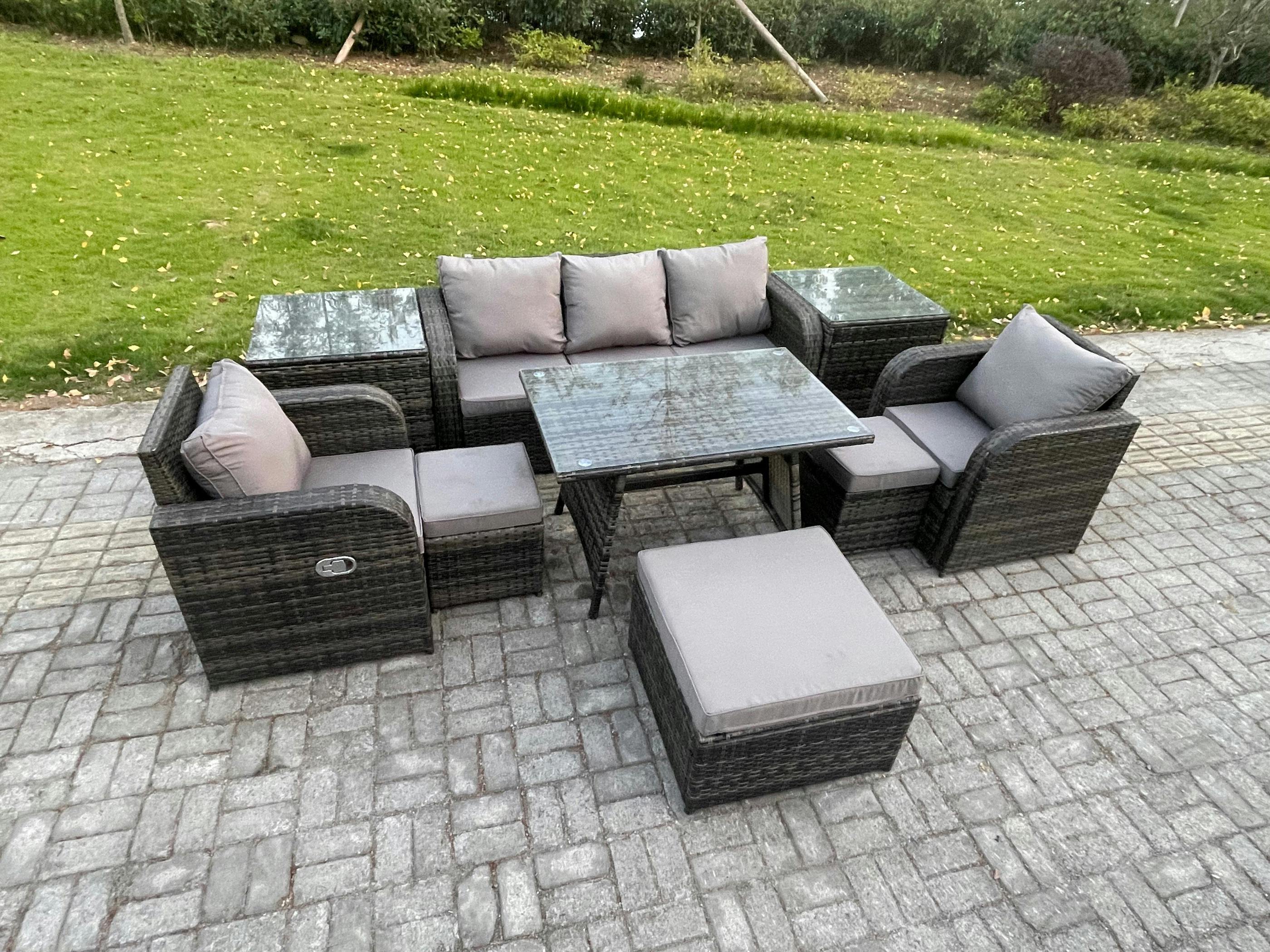 Rackhams Light/Grey 8 Seater Rattan Wicker Set, Garden Patio Conservatory, Dining Table, Reclining Chair, 3 Seater Sofa, 3 Footstools And 2 Side Tables,