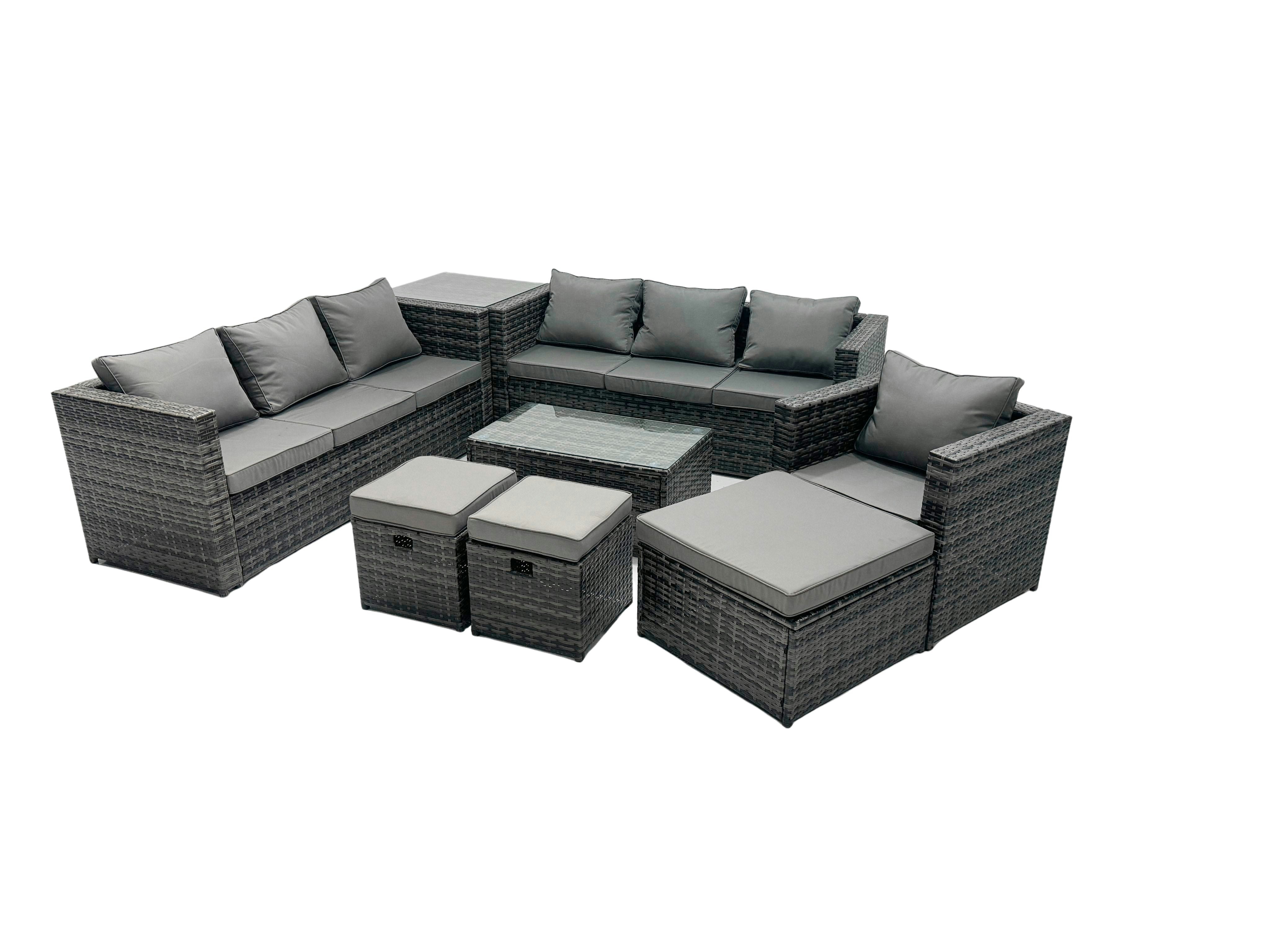 Fimous Dark/Grey Rattan Garden Furniture Dining Set 10 Seater Patio Coffee Table Sofa Set With 3 Stools Side Table Mixed