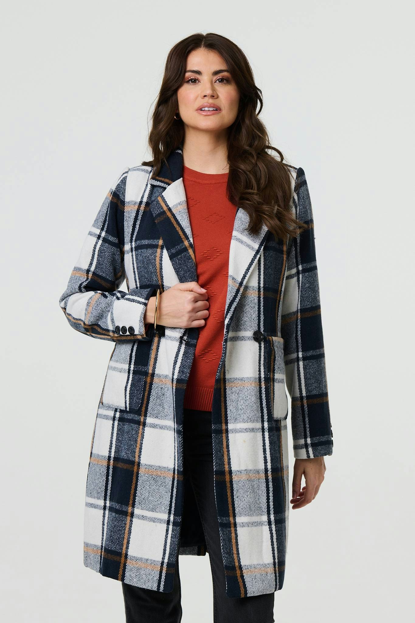 Izabel London Checked Double Breasted Trench Coat - Navy - 10