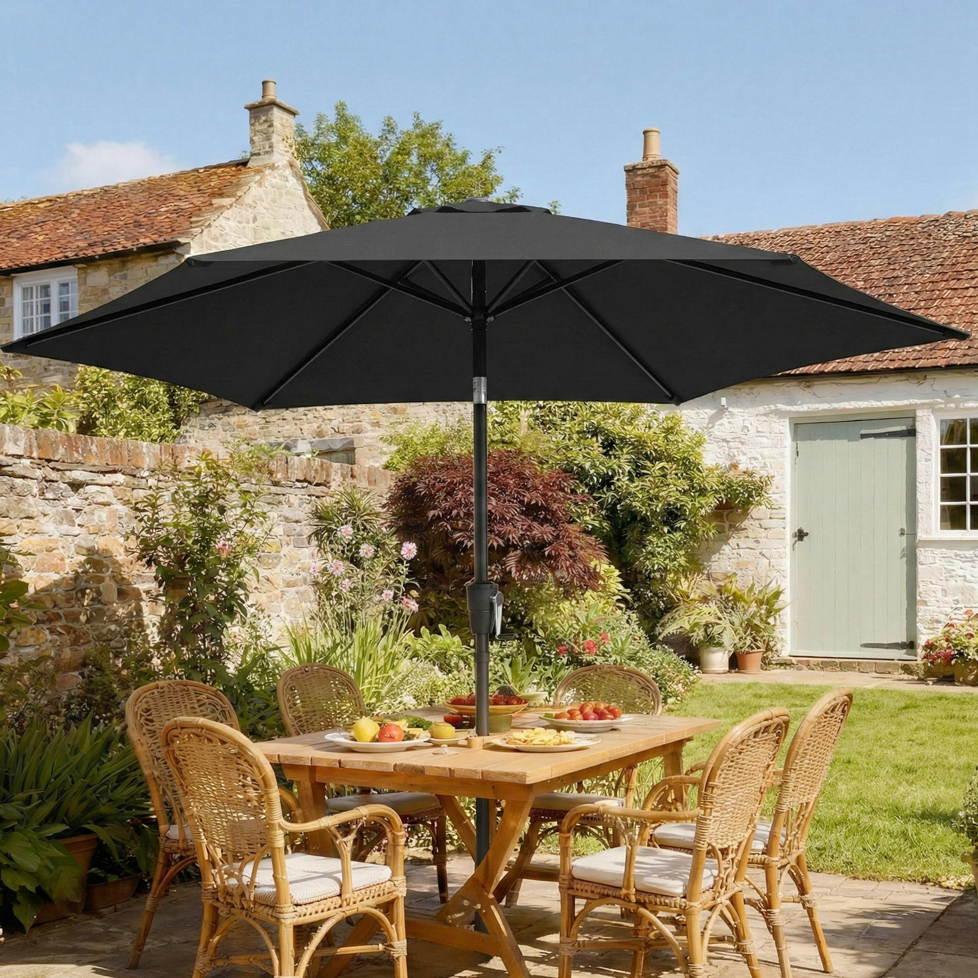 Rackhams Black Garden Parasol, 2M Outdoor Table Parasol Umbrella With Tilt