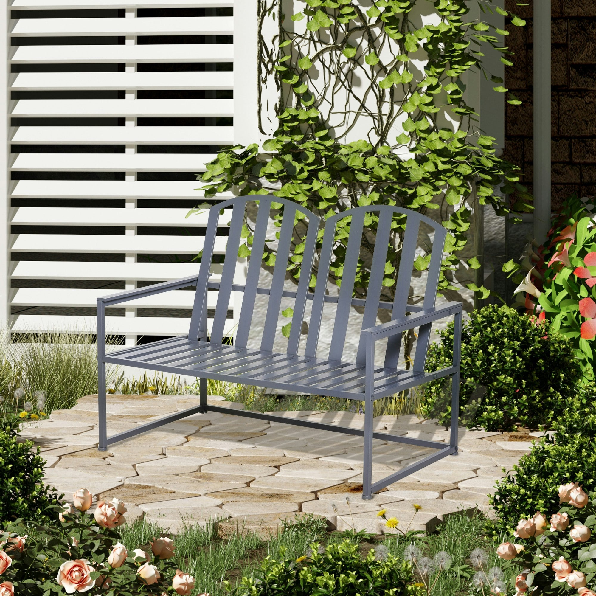 Rackhams Grey 2 Seat Steel Patio Garden Bench Chair Slat Design Backyard Porch, - Steel - 108Cmx63cmx80.5cm