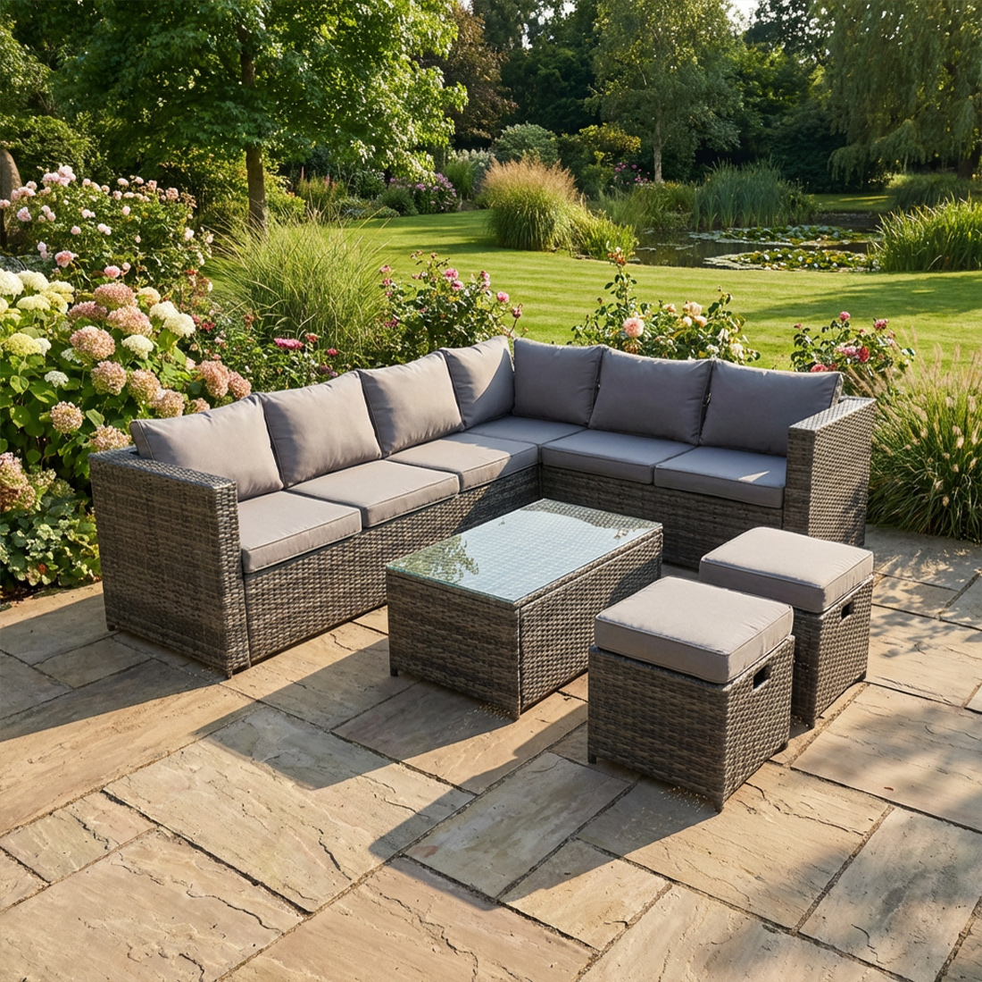Rackhams Dark/Grey 8 Seater Rattan Corner Sofa Set With Rectangular Coffee Table And 2 Stools