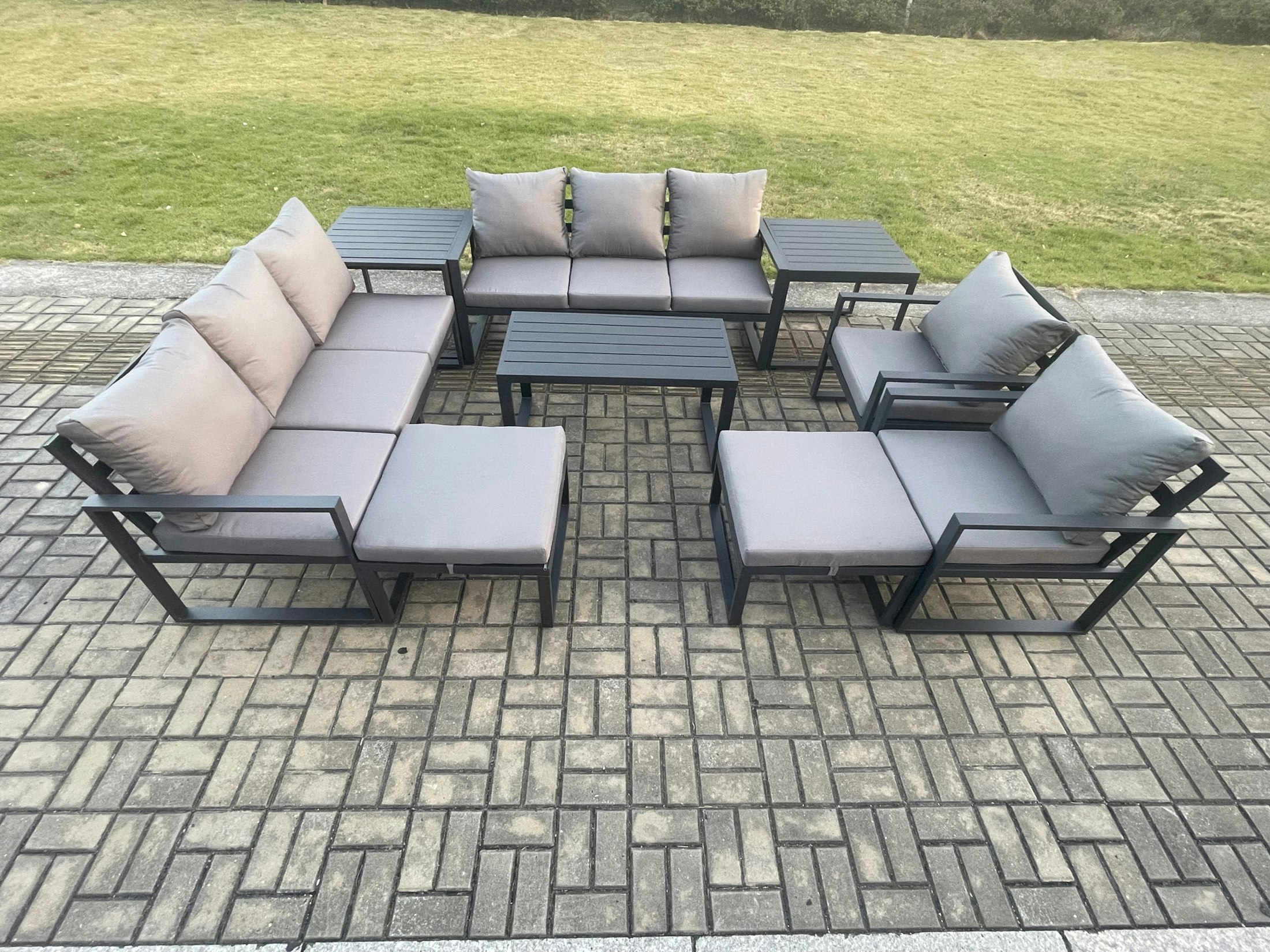 Rackhams Dark/Grey Aluminium Outdoor Garden Furniture Lounge Sofa 2 Pc Chairs Oblong Coffee Table Sets With 2 Side Tables 2 Big Footstool