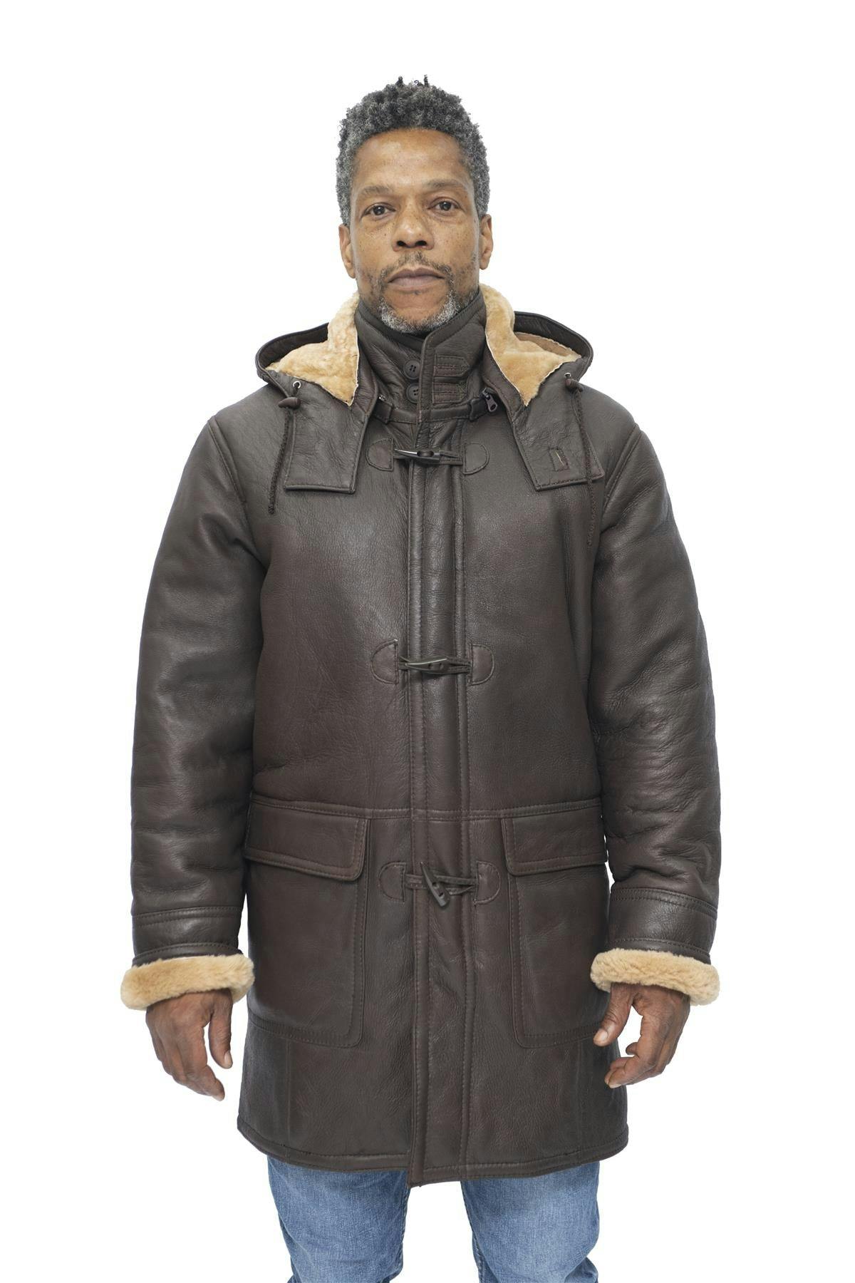 Infinity Leather Men's Brown Sheepskin Leather Hooded Duffle Coat-Leatherhead - 4XL