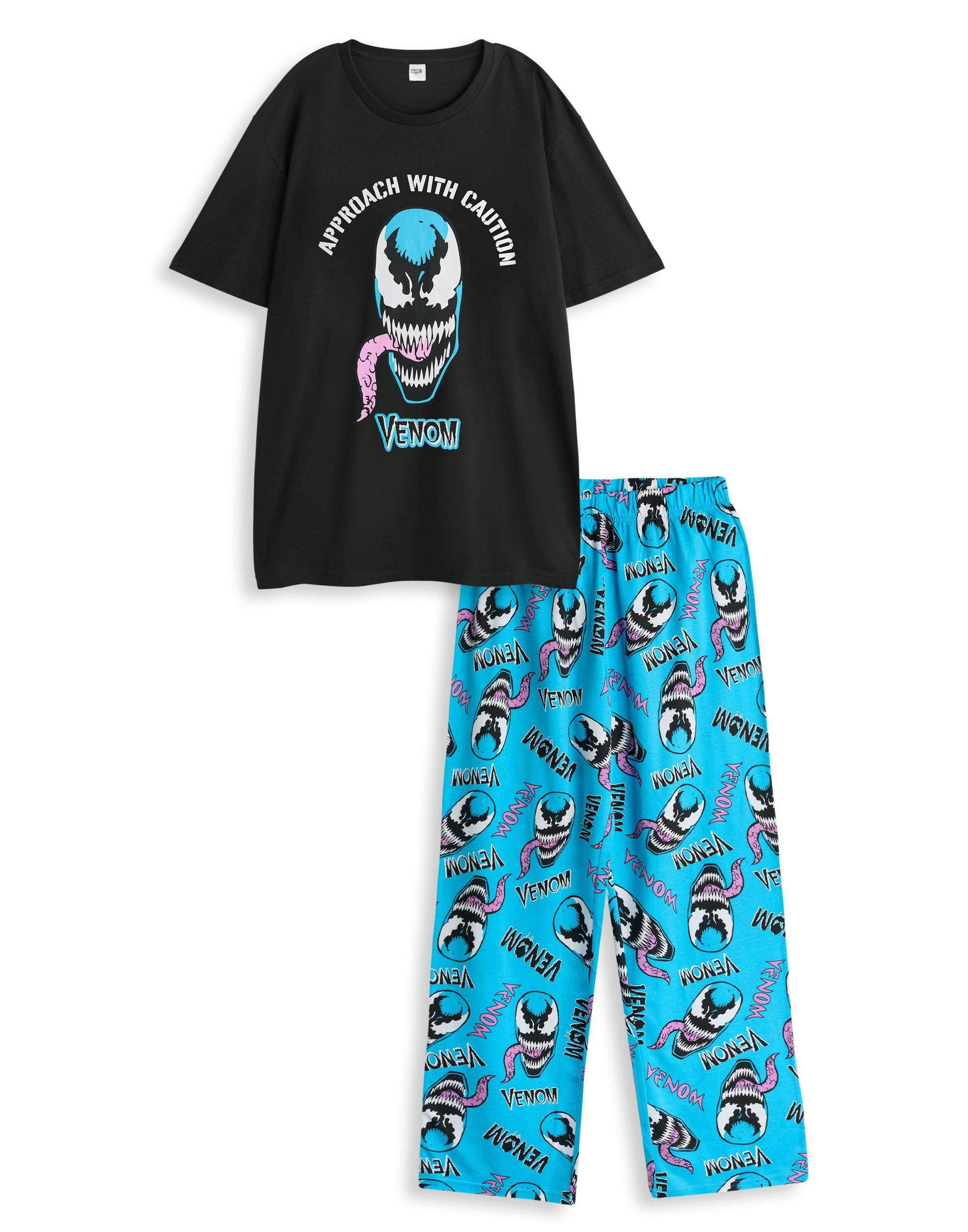 Vanilla Underground Men's Black Marvel Venom Short Sleeve Long Leg Pyjama Set - Medium