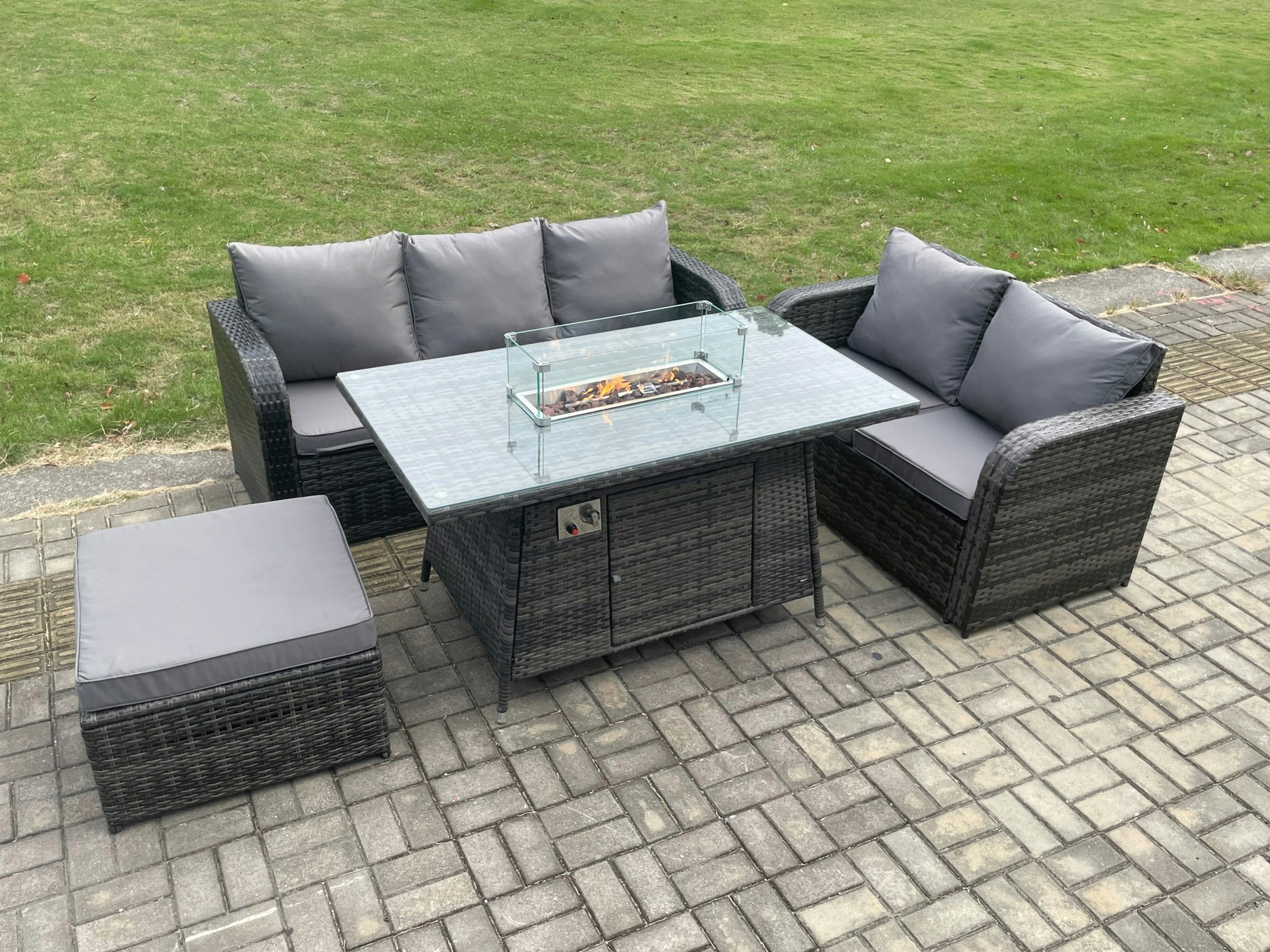 Rackhams Pe Wicker Outdoor Rattan Garden Furniture Set Propane Gas Fire Pit Table And Sofa Set With Big Footstool