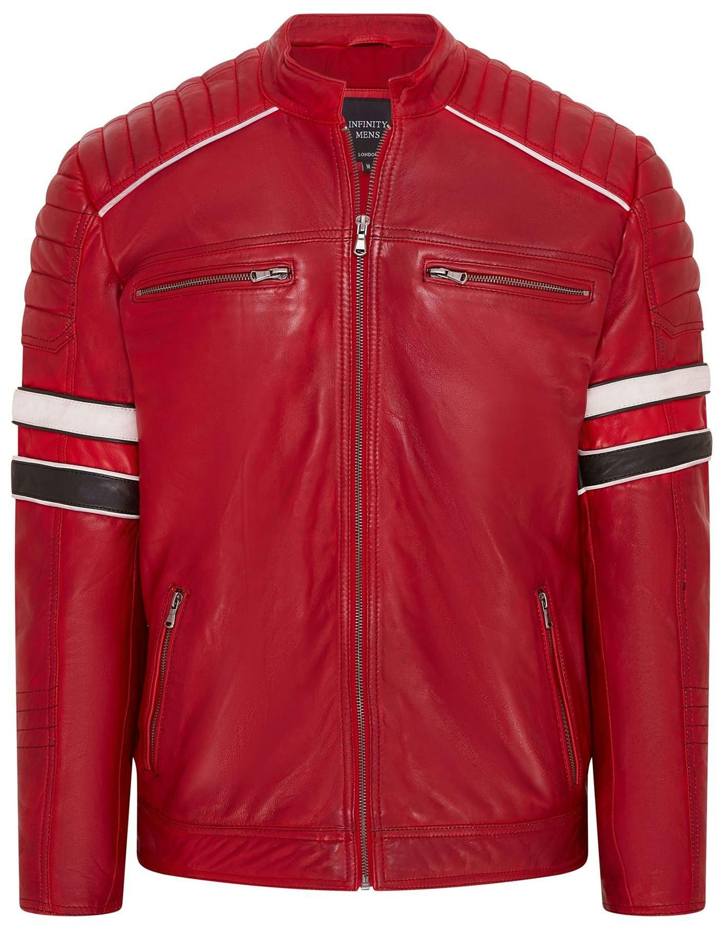 Infinity Leather Men's Red Quilted Leather Biker Racing Jacket- Brevik - Uk M | Eu 48 | Us 38