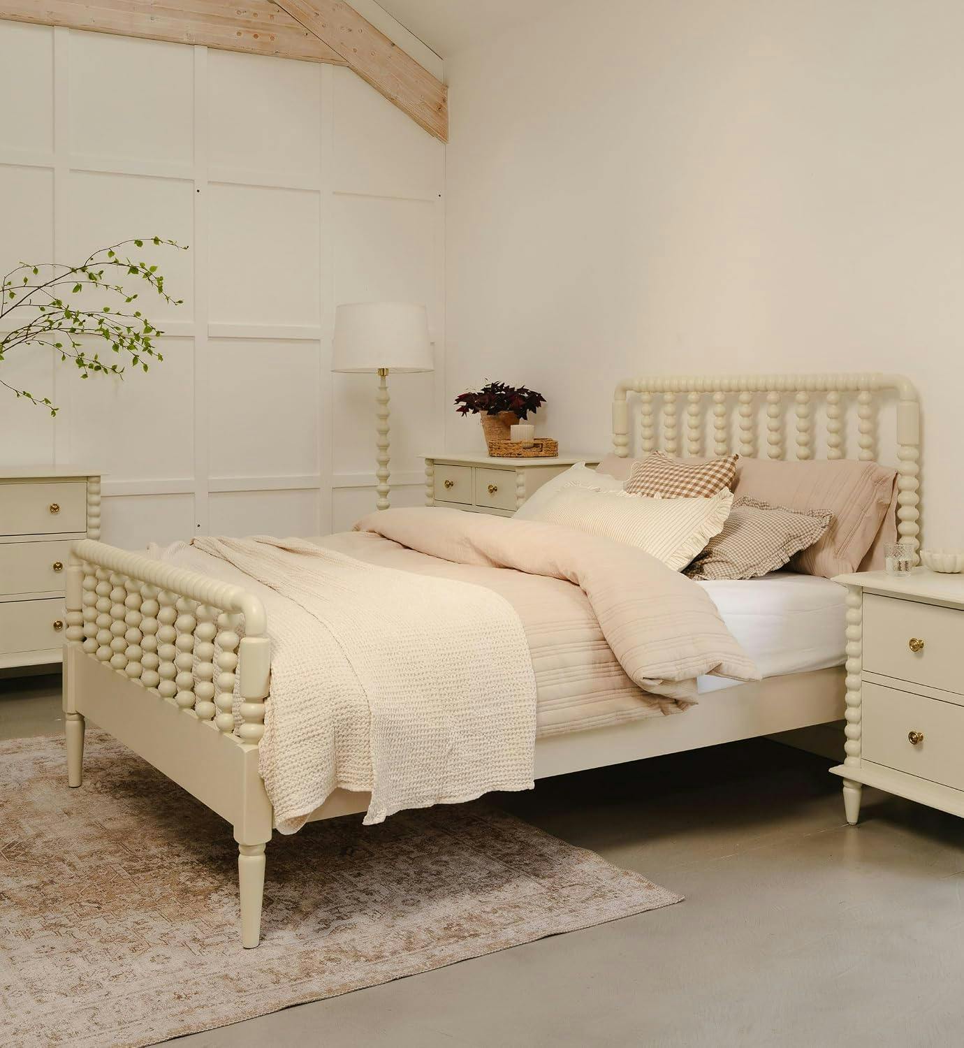 Statement Furniture Cream Cromwell Wooden Bed Frame With Bobbin Design Headboard And Foot End - Linen - Double 4Ft6