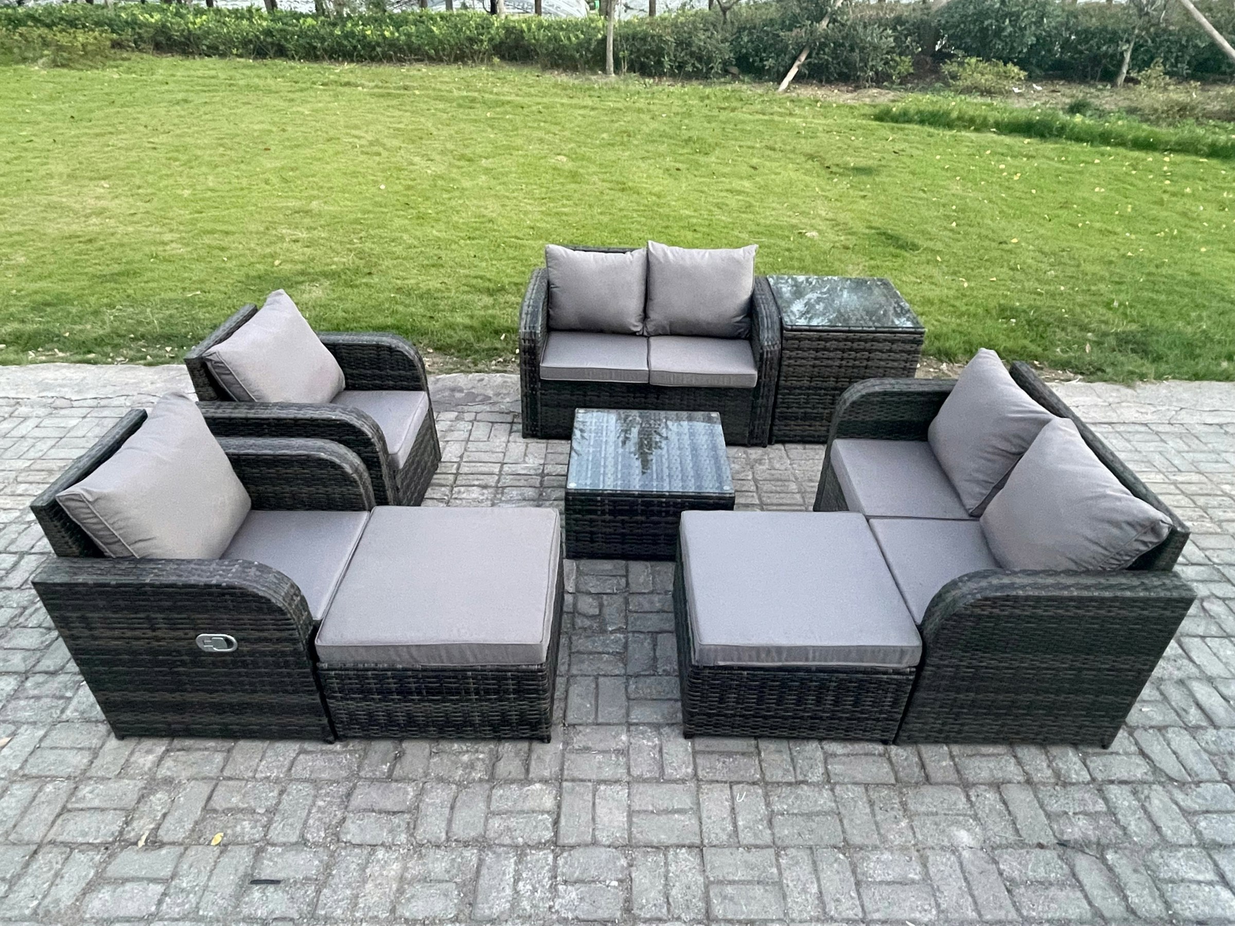 Rackhams Dark/Grey Garden Furniture Set Rattan Outdoor Lounge Sofa Chair With Tempered Glass Table 2 Big Footstool Side Table Mixed