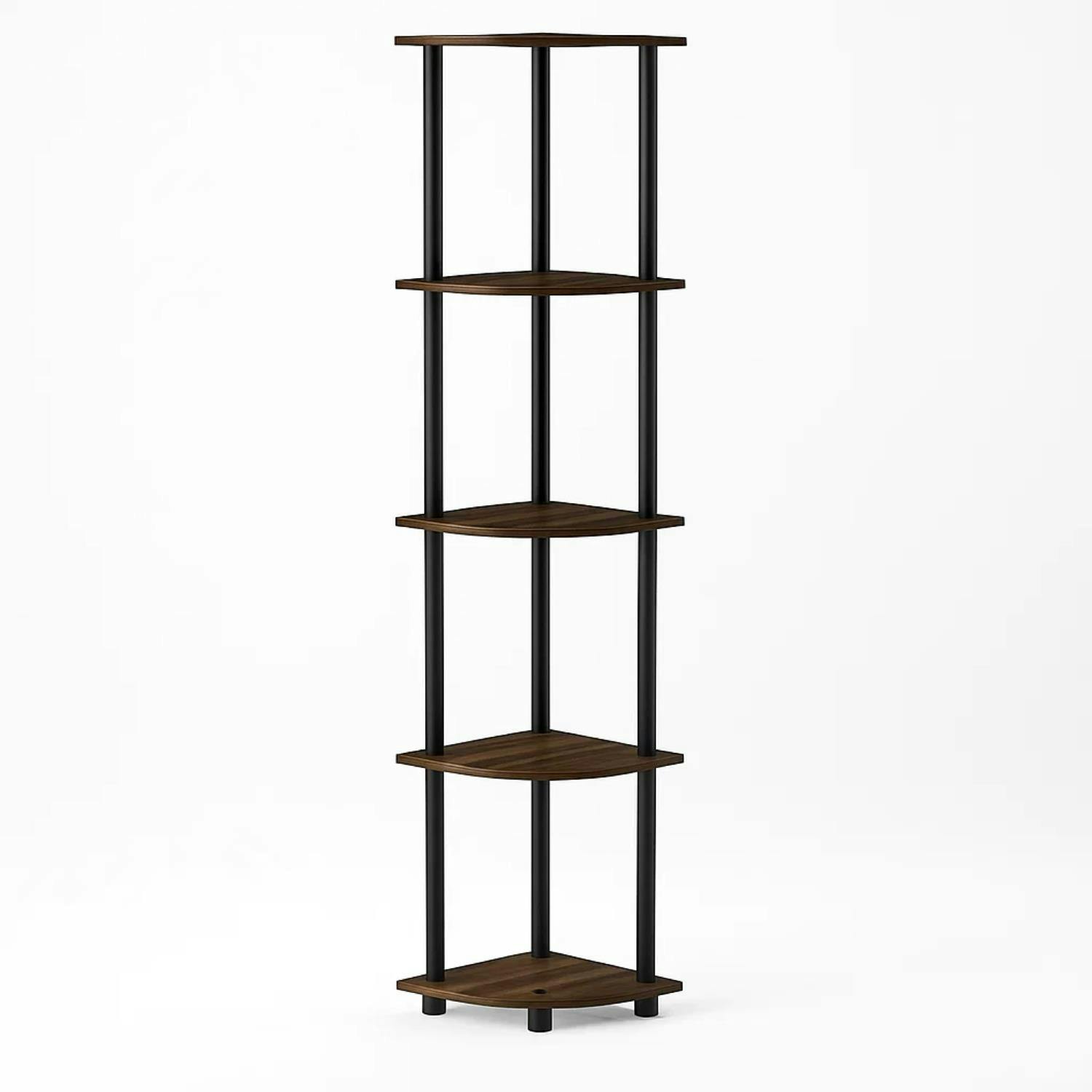 Walplus Black Turn-N-Tube 5 Tier Corner Display Rack Multipurpose Shelving Unit, Columbia Walnut/ Perfect For Organized Storage And Display