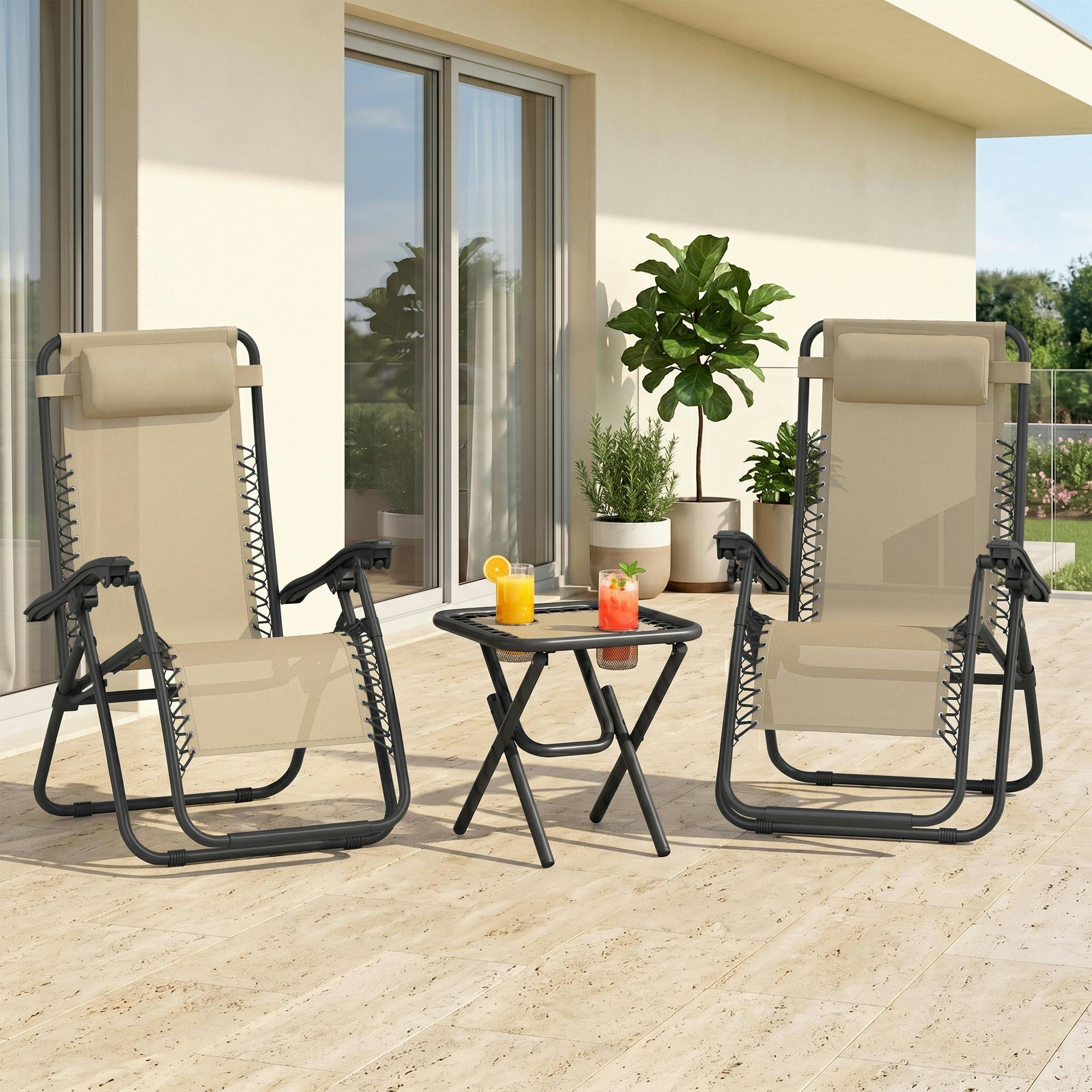 Outsunny Black/Beige 3Pc Zero Gravity Chairs Sun Lounger Table Set W/ Cup Holders,