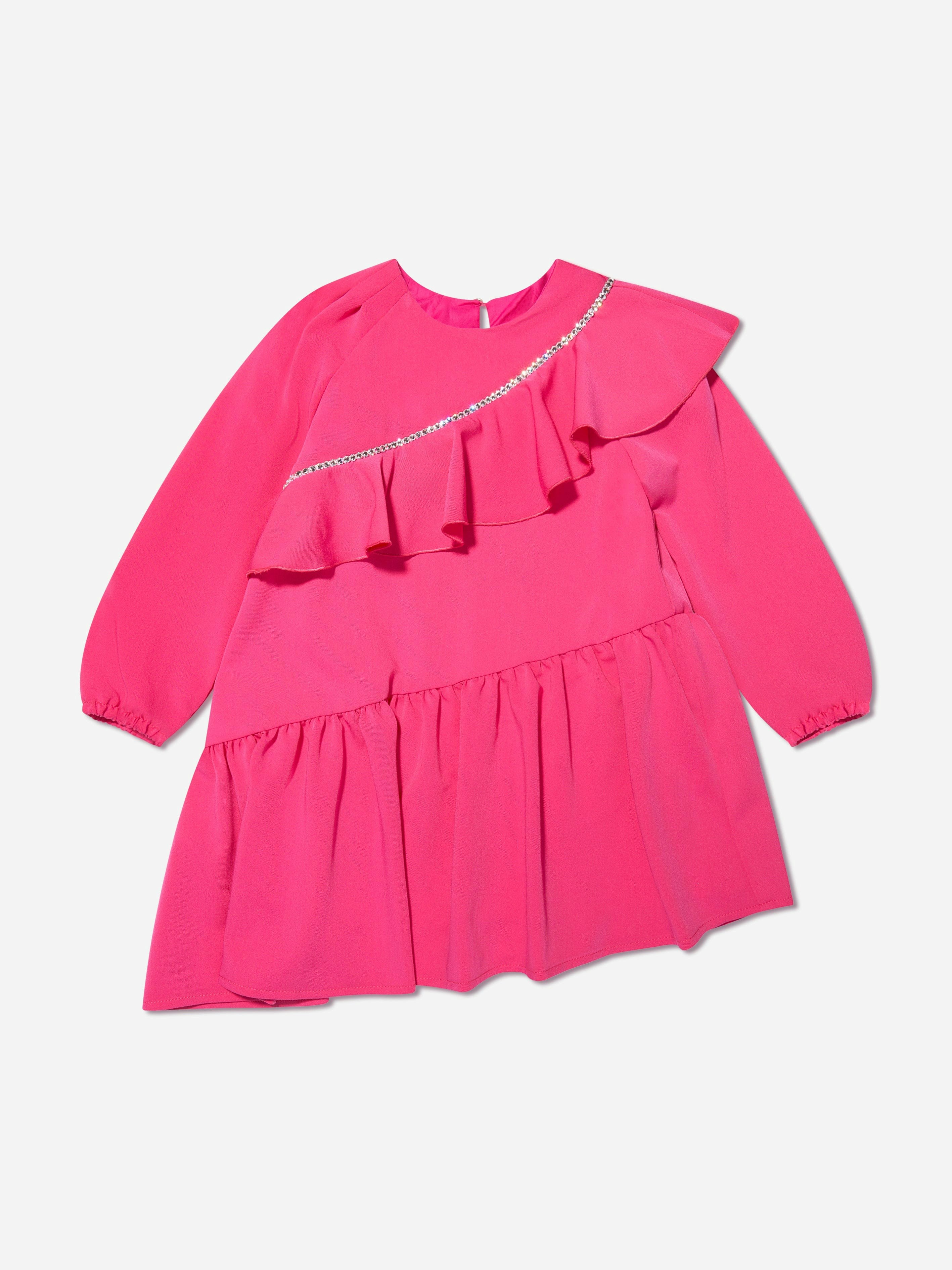 Monnalisa Girls Pink Embellished Ruffle Dress In - 8 Yrs