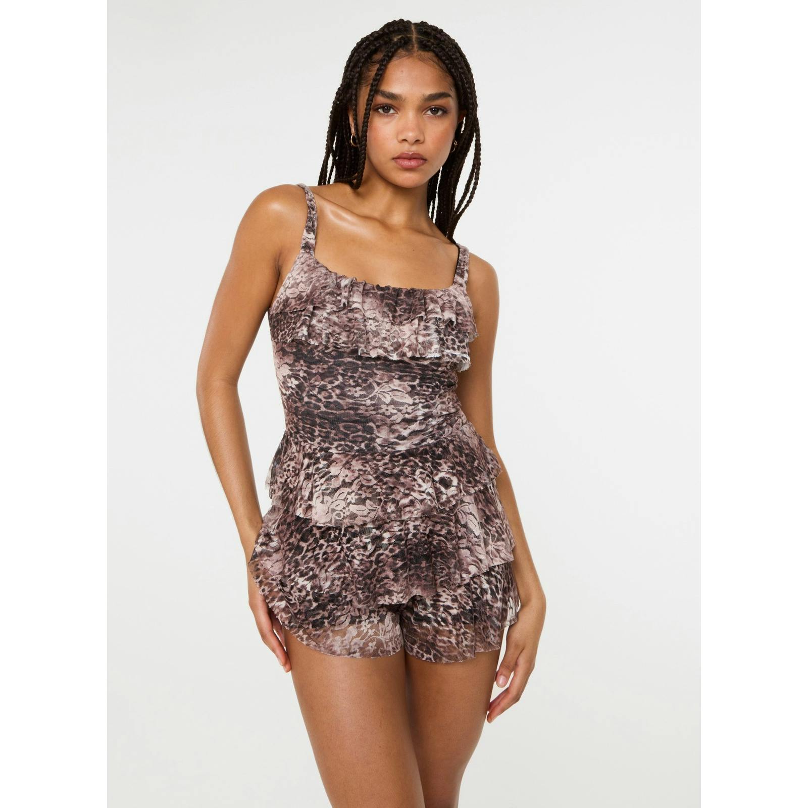 Pink Vanilla Pink/Brown Vanilla Square Neck Ruffle Lace Playsuit - S