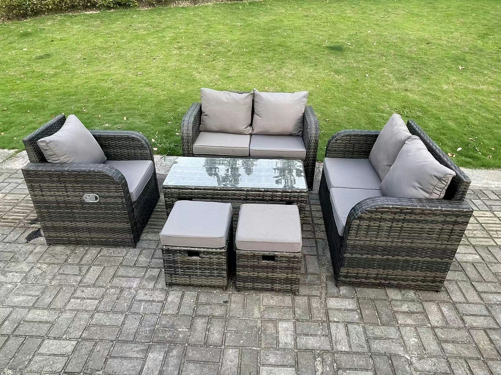 Rackhams Dark/Grey 7-Seater Pe Wicker Rattan Garden Sofa Set - High Back Outdoor Furniture With Reclining Chair & Oblong Coffee Table