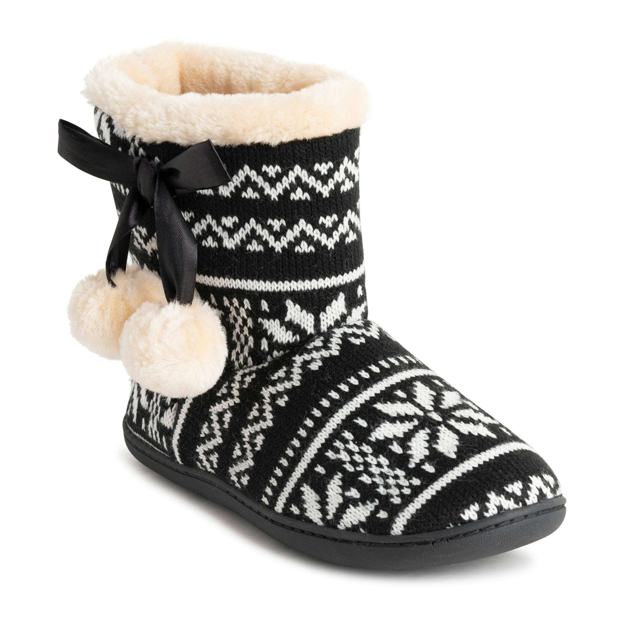 Viva Women's Black/White Polar Memory Foam Pom Pom Winter Faux Fur Cosy Slippers - 6