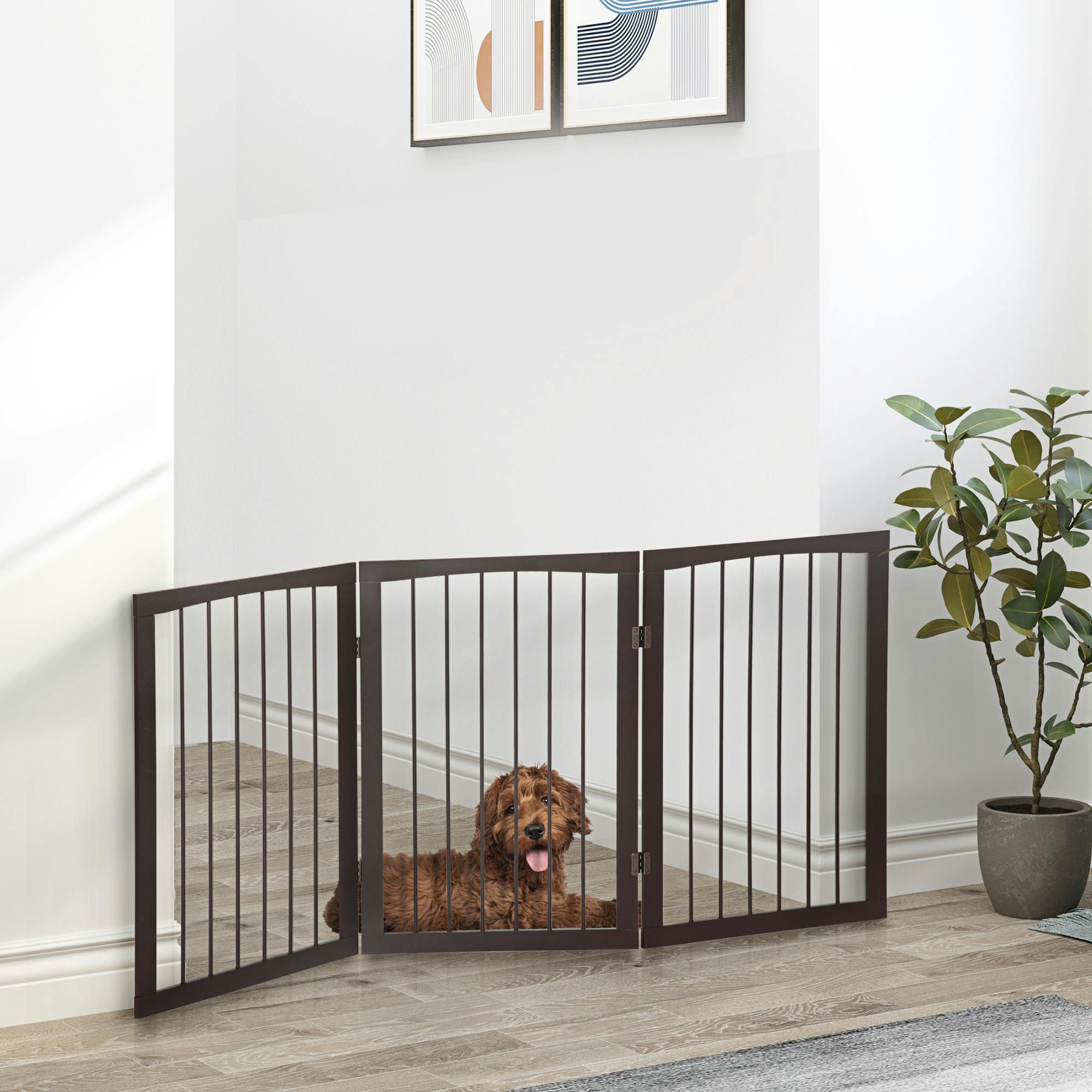 Pawhut Dark/Brown Folding Pet Gate Fence Free Standing Child Safety Indoor Wood Durable