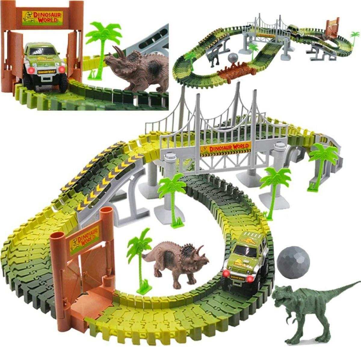 Deao Toys Green Slot Car Race Track Sets Dino World Flexible Race Track - 3+