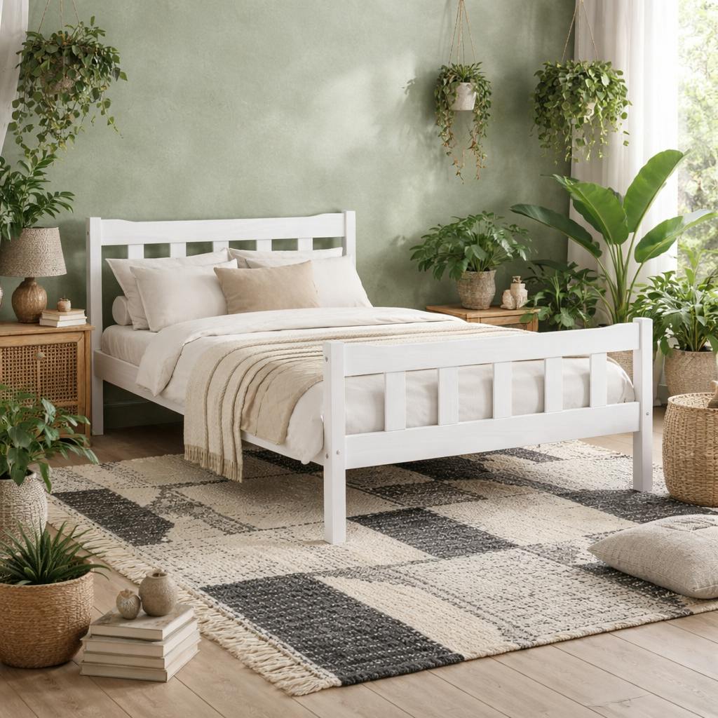Wyld Haus White Tralee Washed Wooden 5Ft King Size Bed With Slatted Headboard And Footboard