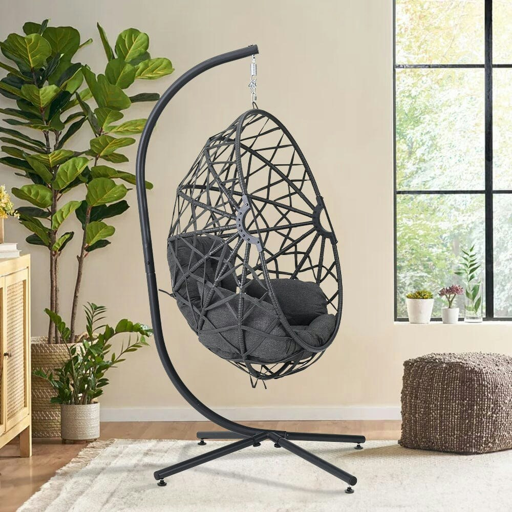 Rackhams Black Wicker Rattan Swing Basket Chair With Soft Cushion