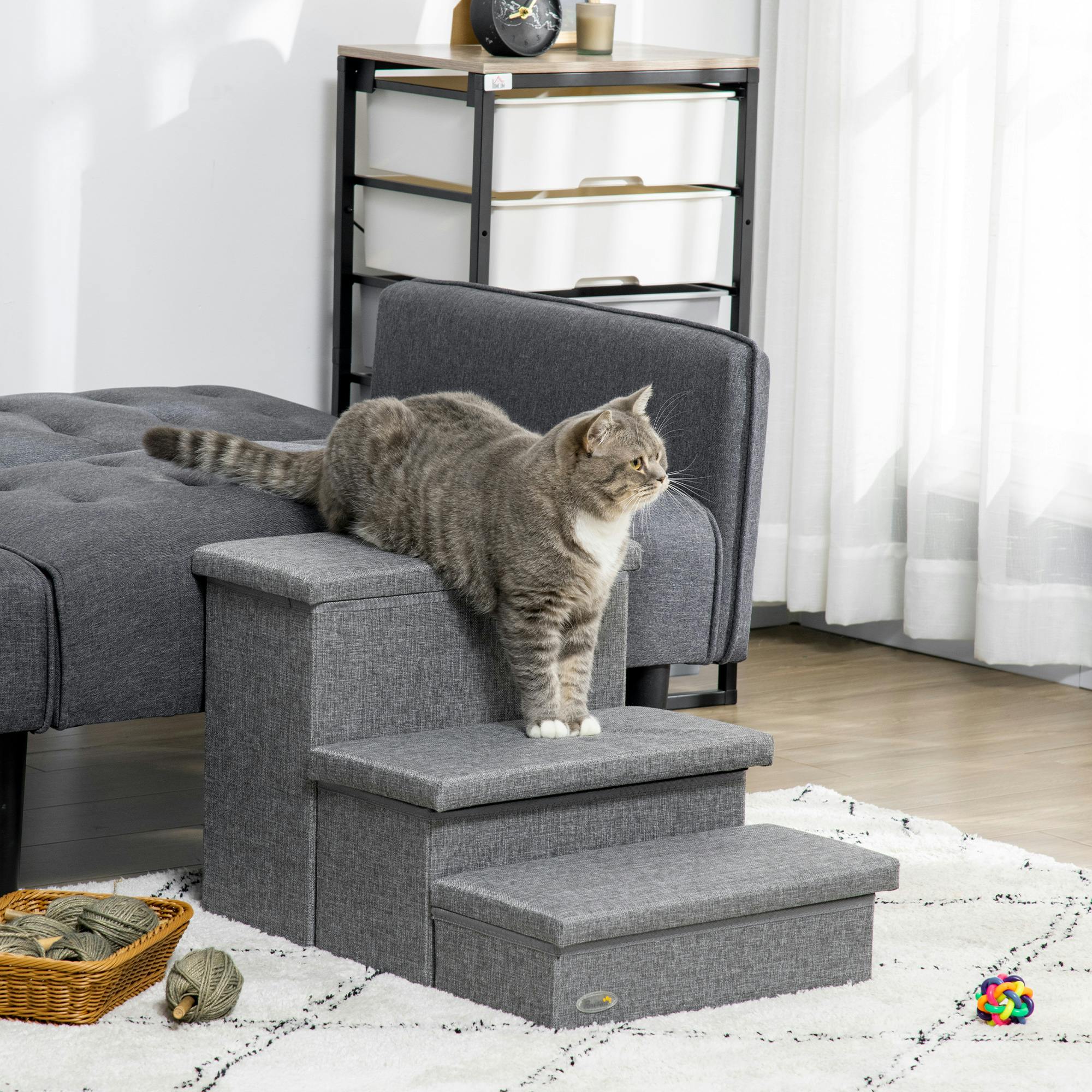 3 Step Dog Steps with Storage Boxes Cat Stairs for Bed Sofa Light Grey - Image 4