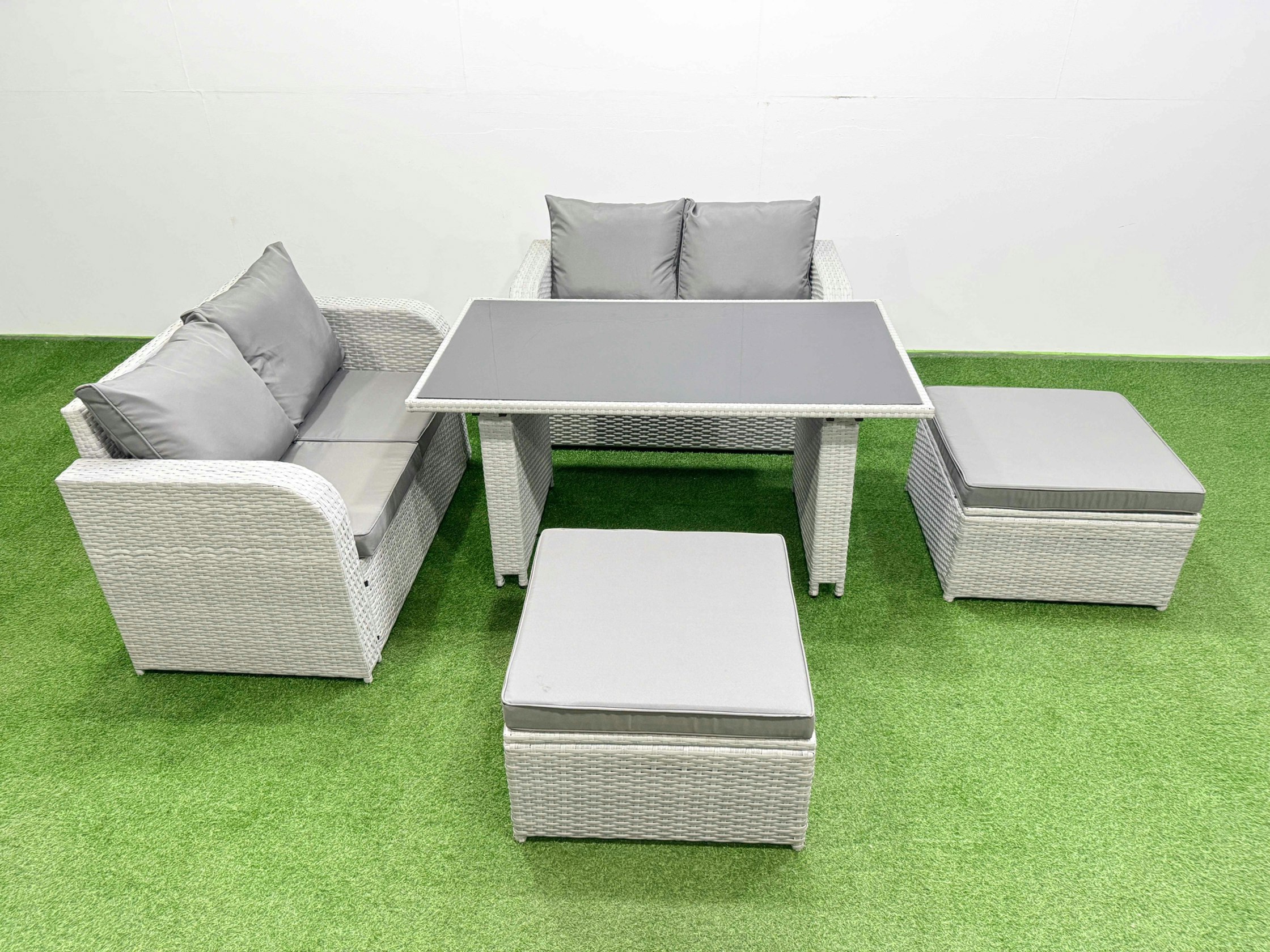 Rackhams Light/Grey 5 Pieces Outdoor Pe Rattan Sofa Set Patio Garden Furniture Sets With Cushions 2 Big Stools
