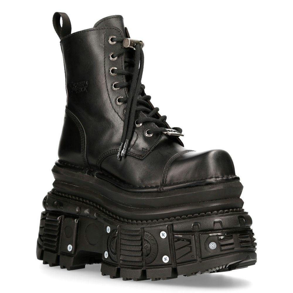 New Rock Unisex Black Metallic Leather Military Boots- Mili083cct-C4 - Uk 8 | Eu 42 | Us 10