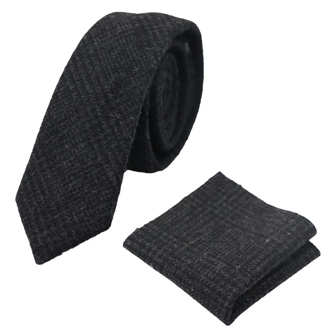 Truclothing Men's Black Tweed Herringbone Tie & Pocket Square Set