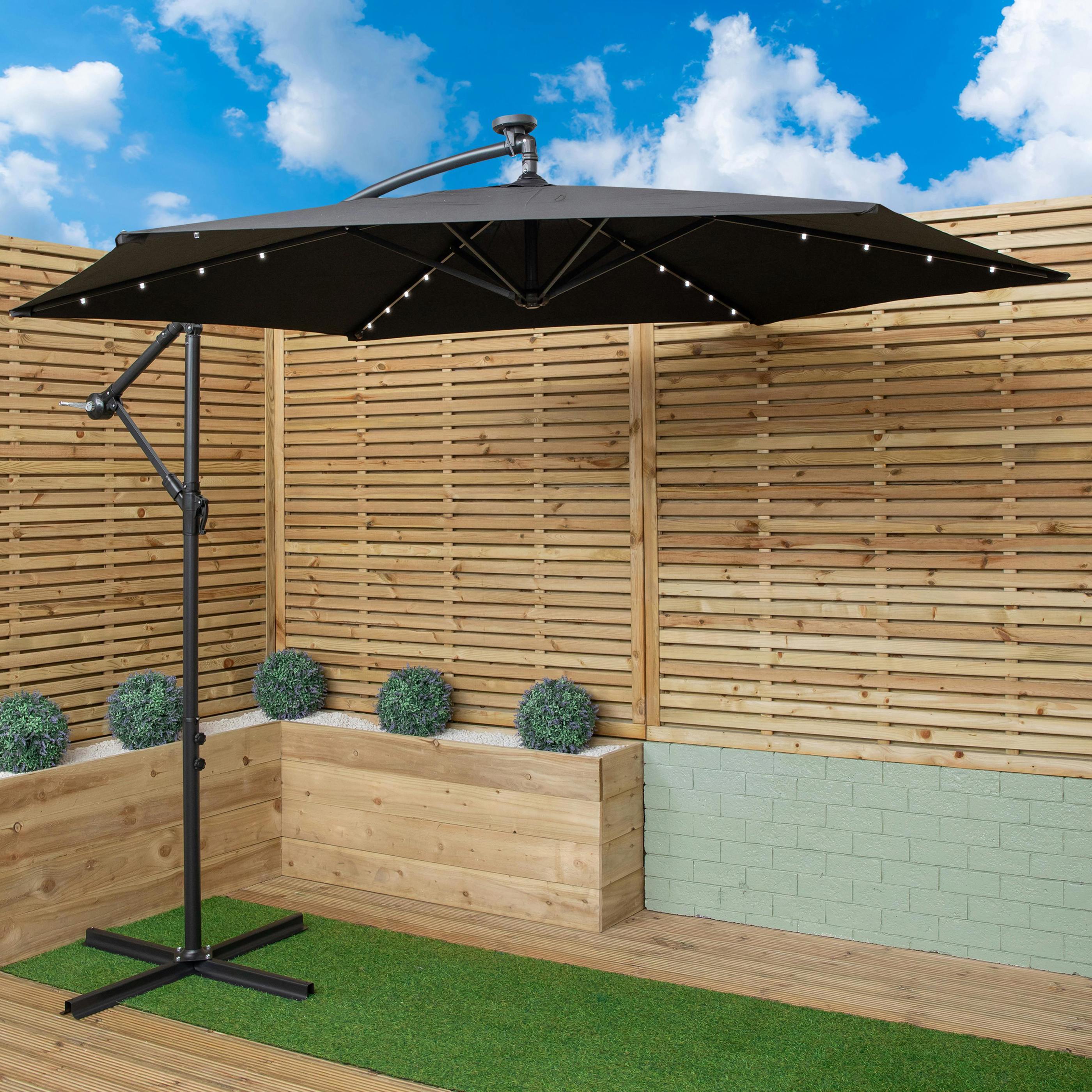 Rackhams White/Black 3M Solar Powered Cantilever Lit Banana Garden Parasol With Crank Handle & Led Lights In