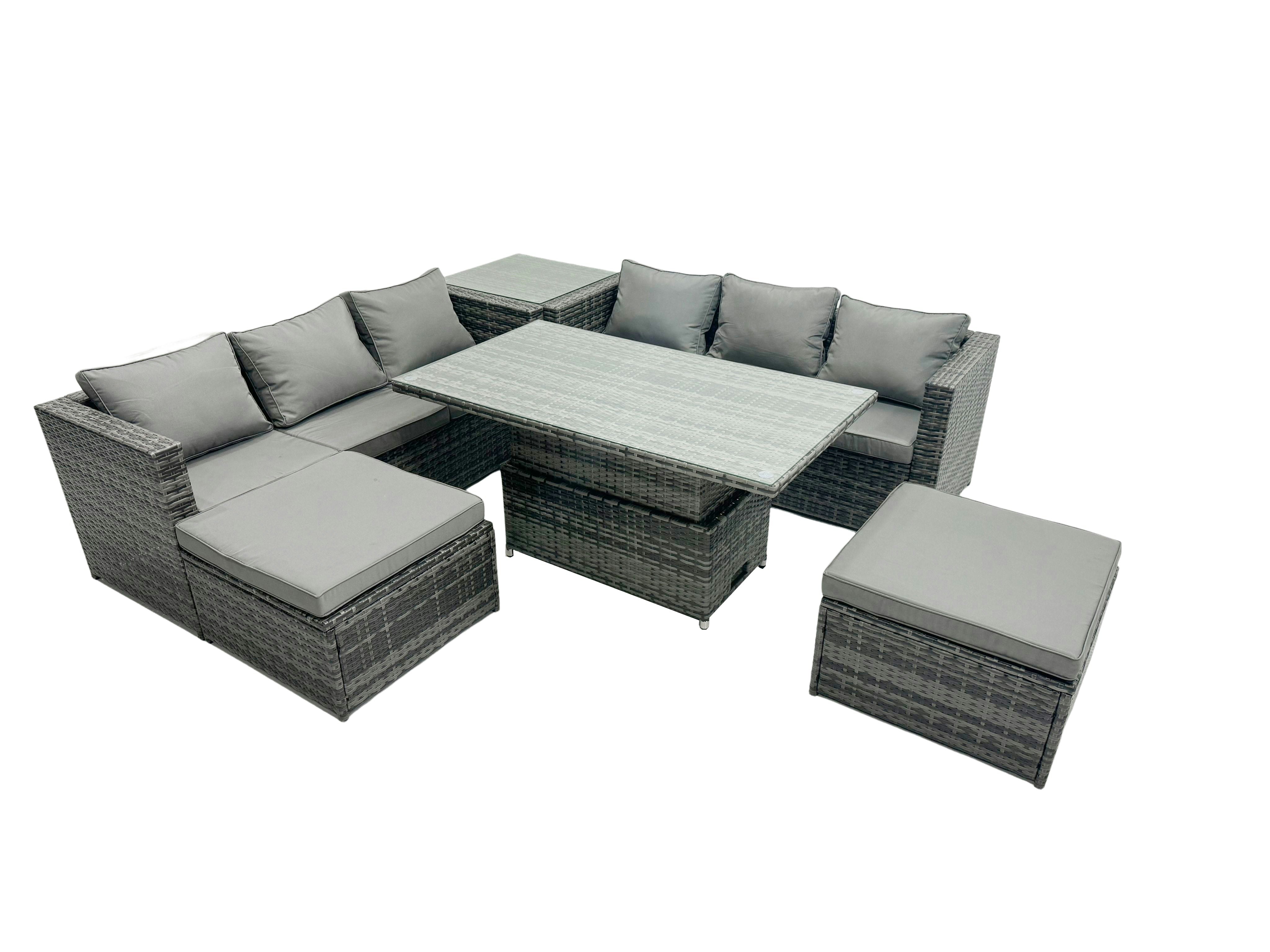 Rackhams Dark/Grey Rattan Dining Table Sofa Set With Side Table 2 Stools Outdoor 8 Seat Garden Furniture Set Mixed
