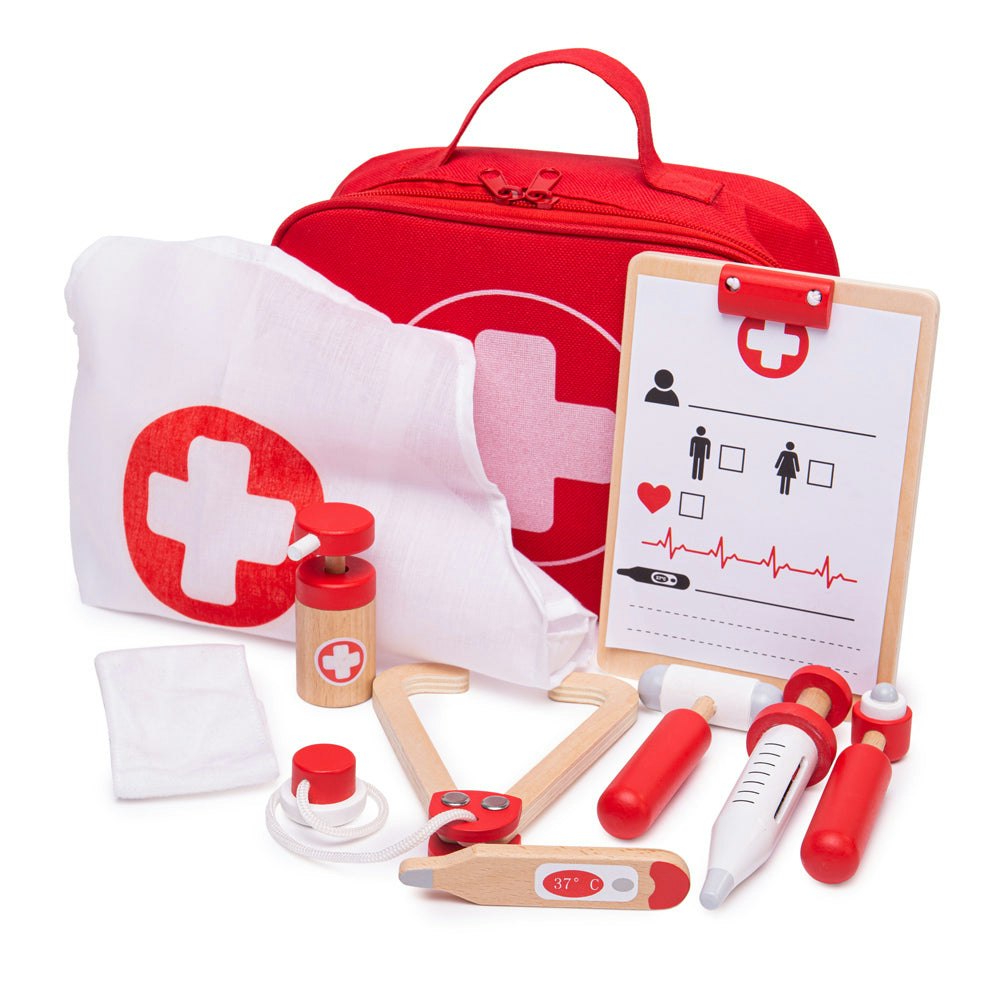 Bigjigs Toys Cream Wooden Doctors Set For Kids, With Carry Case And 10 Play Pieces