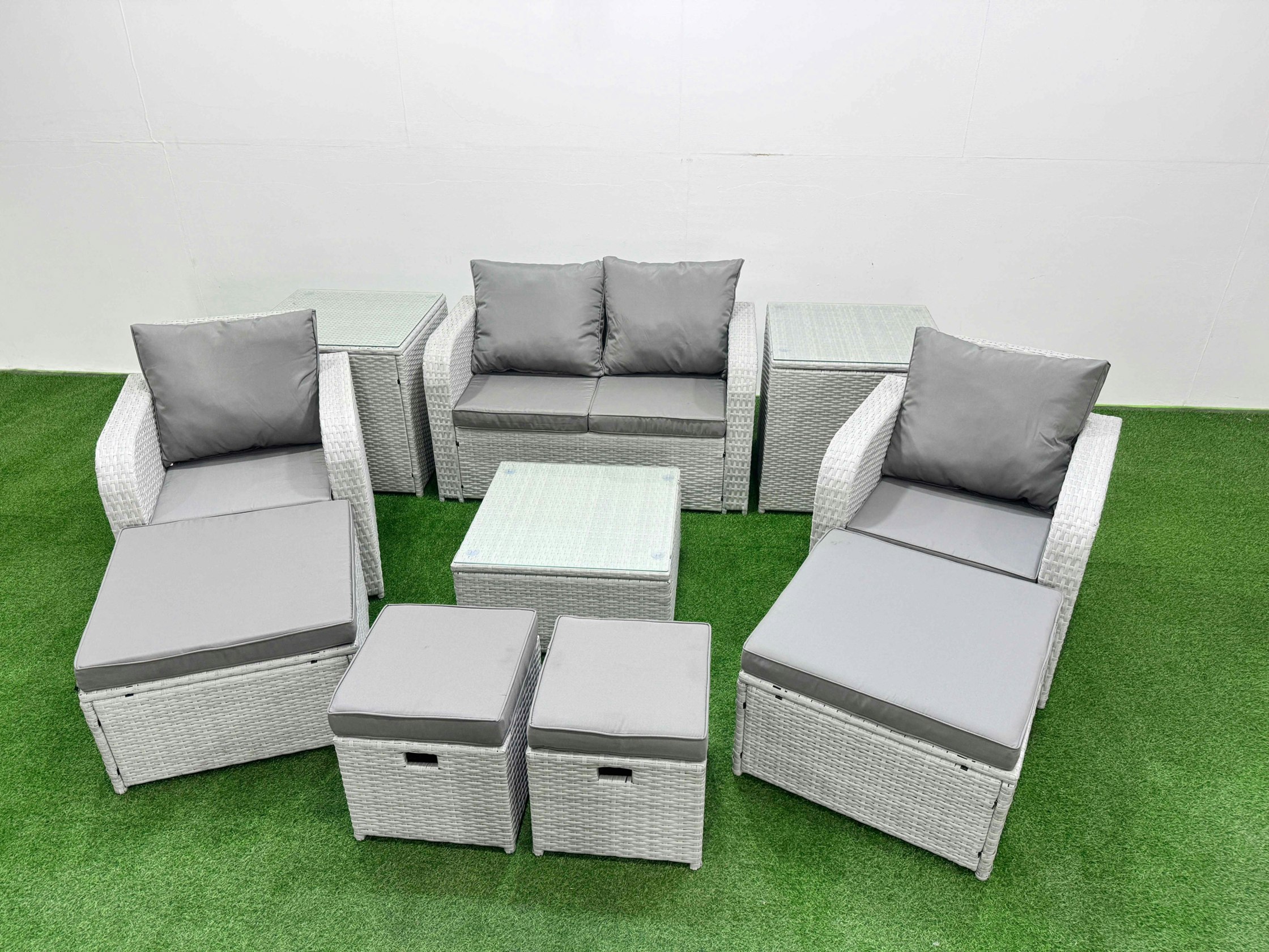 Fimous Light/Grey Outdoor Garden Furniture Set Pe Rattan Love Sofa Reclining Chair Set With Coffee Table 4 Footstools 2 Side Tables