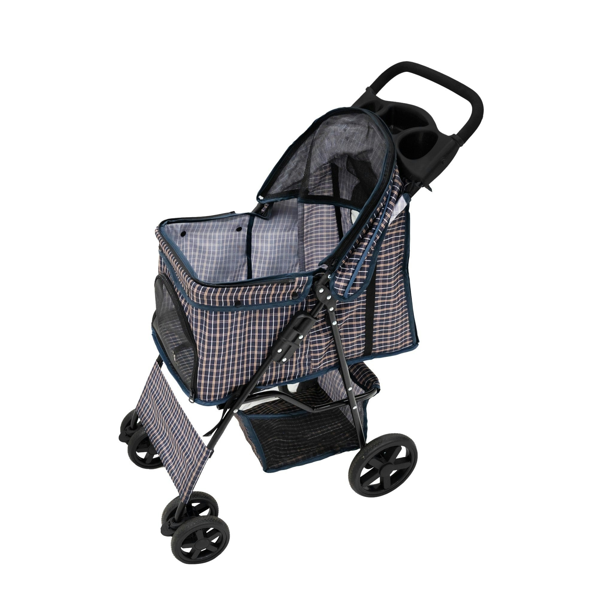 Monstershop Blue Pet Stroller With Rain Cover – Tartan