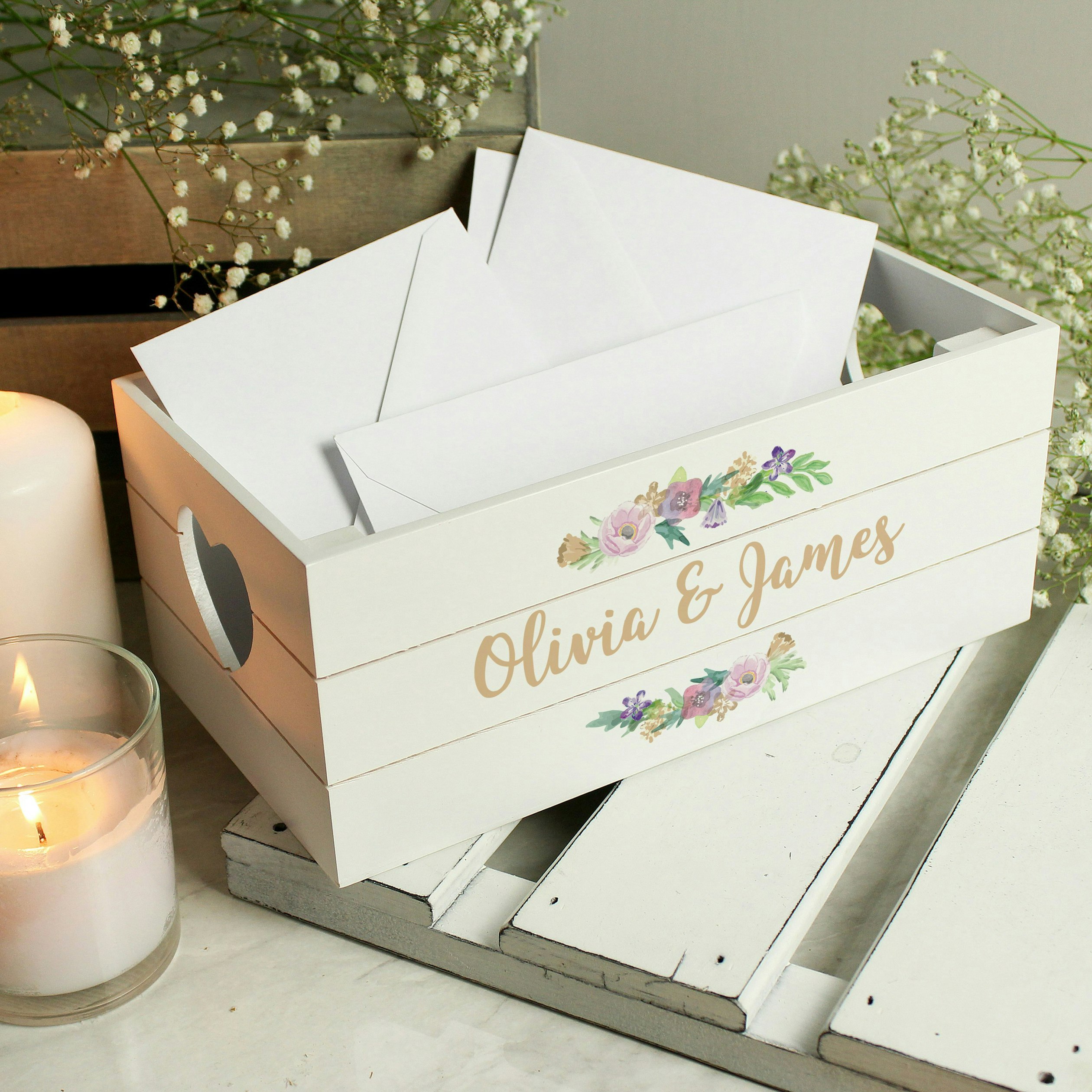 Rackhams White Personalised Floral Couples Wooden Crate